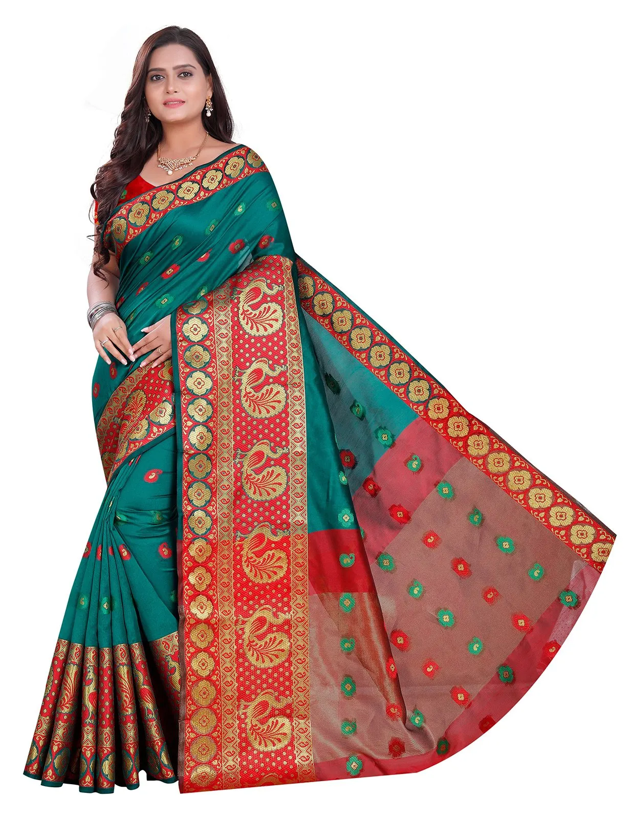 Ishin Poly Silk Green Woven Women's Saree With Golden Zari Border