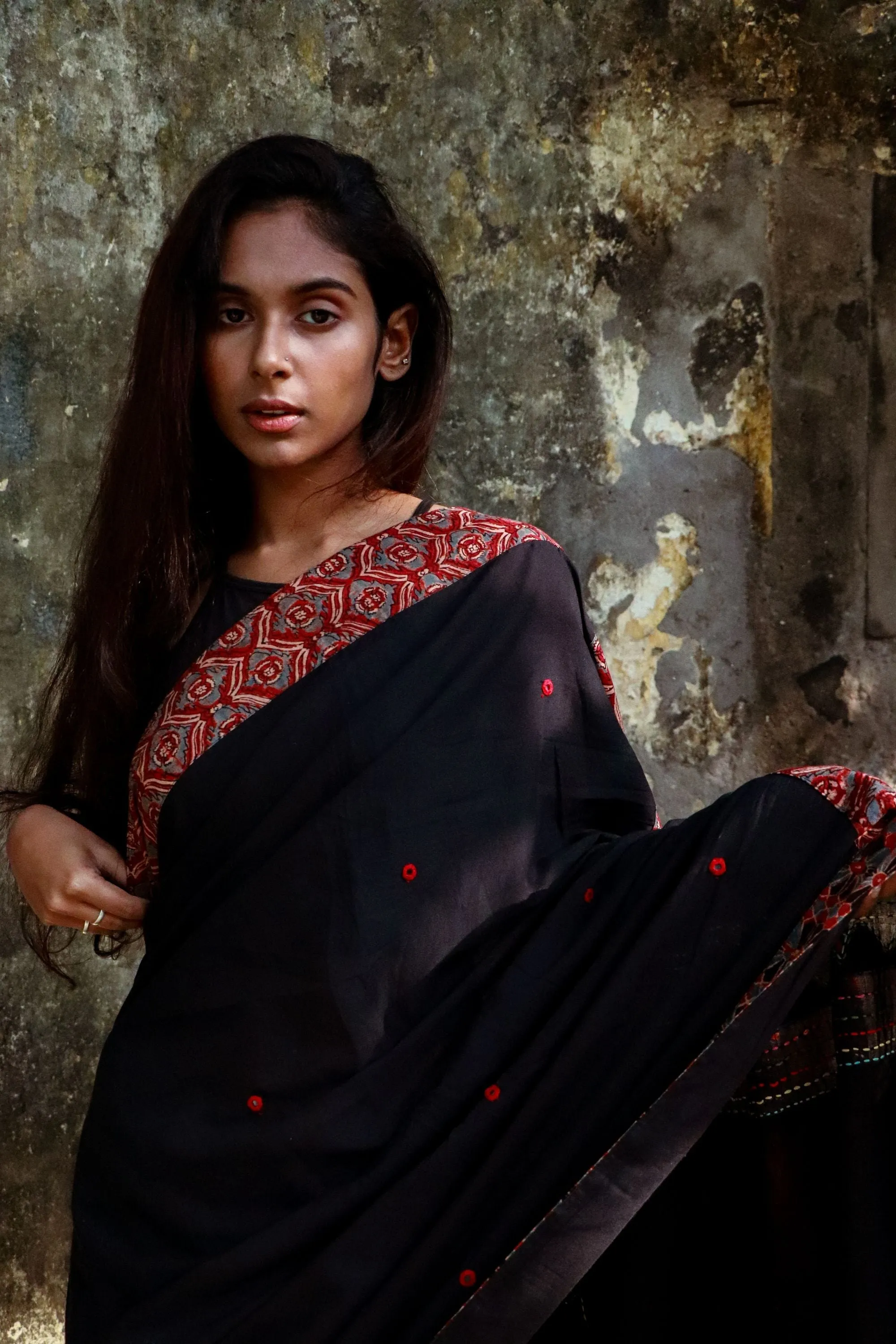 Jharokha -  Black and Red Ajrakh handblockprinted patchwork Gudri Barmer saree