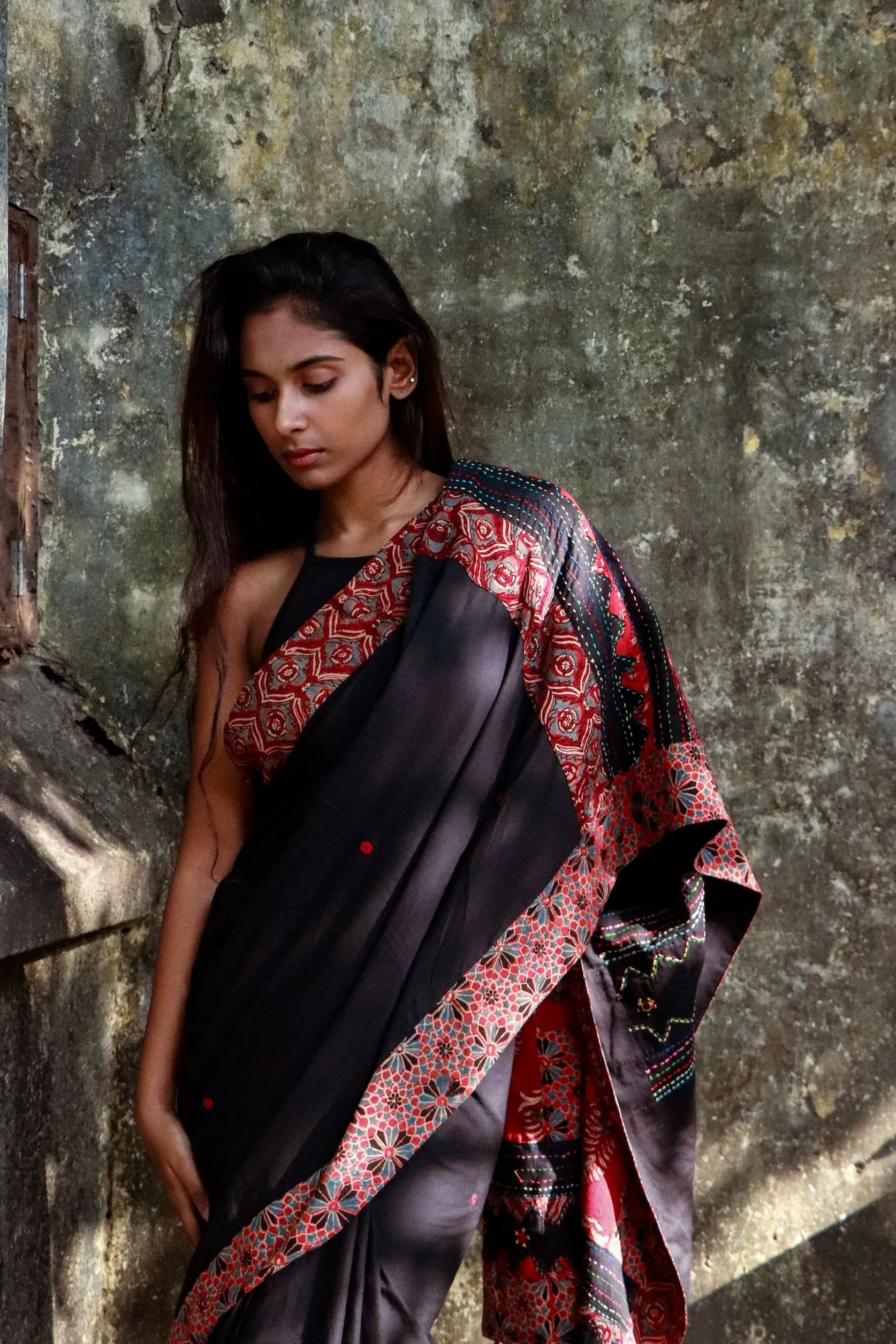 Jharokha -  Black and Red Ajrakh handblockprinted patchwork Gudri Barmer saree