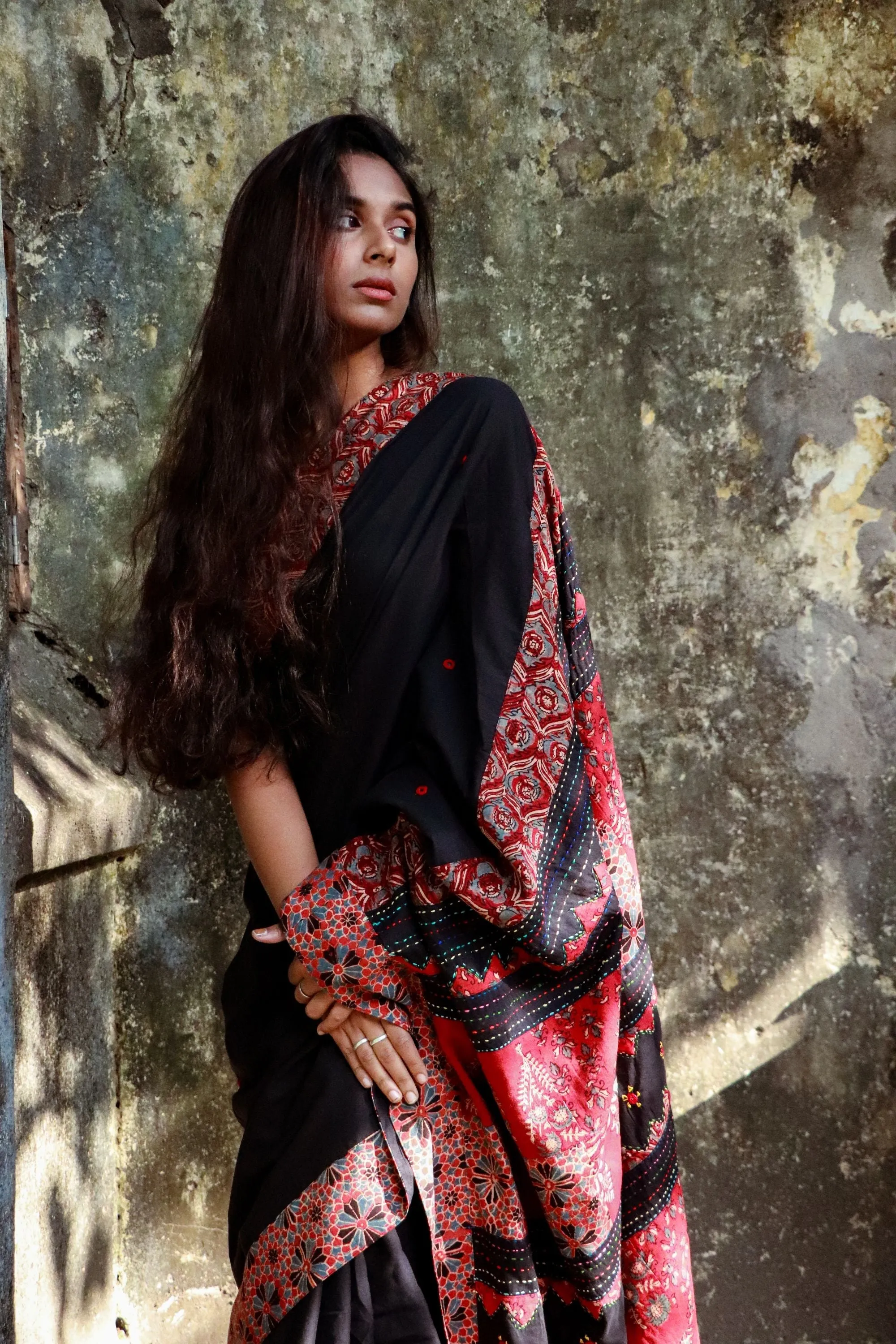 Jharokha -  Black and Red Ajrakh handblockprinted patchwork Gudri Barmer saree