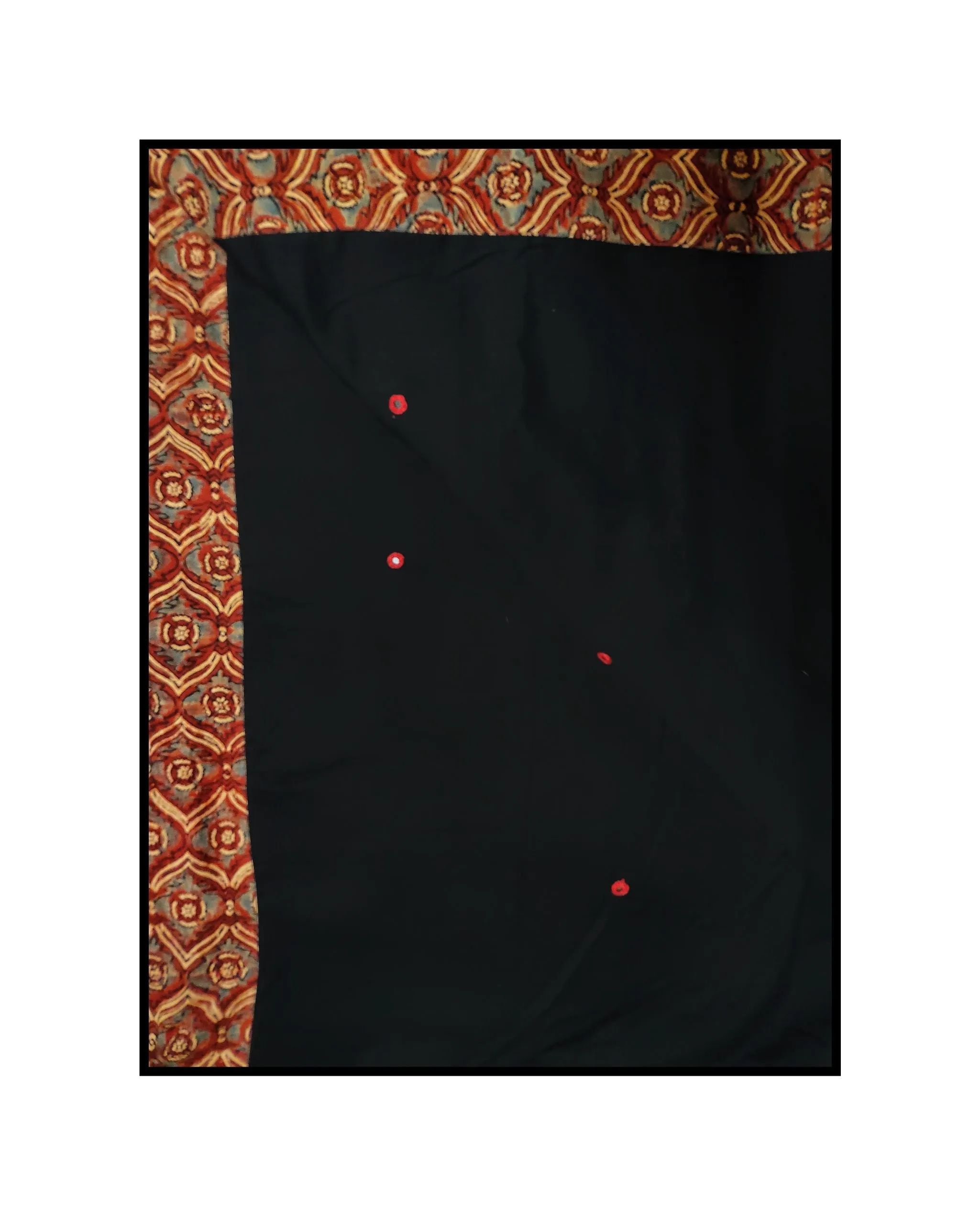 Jharokha -  Black and Red Ajrakh handblockprinted patchwork Gudri Barmer saree