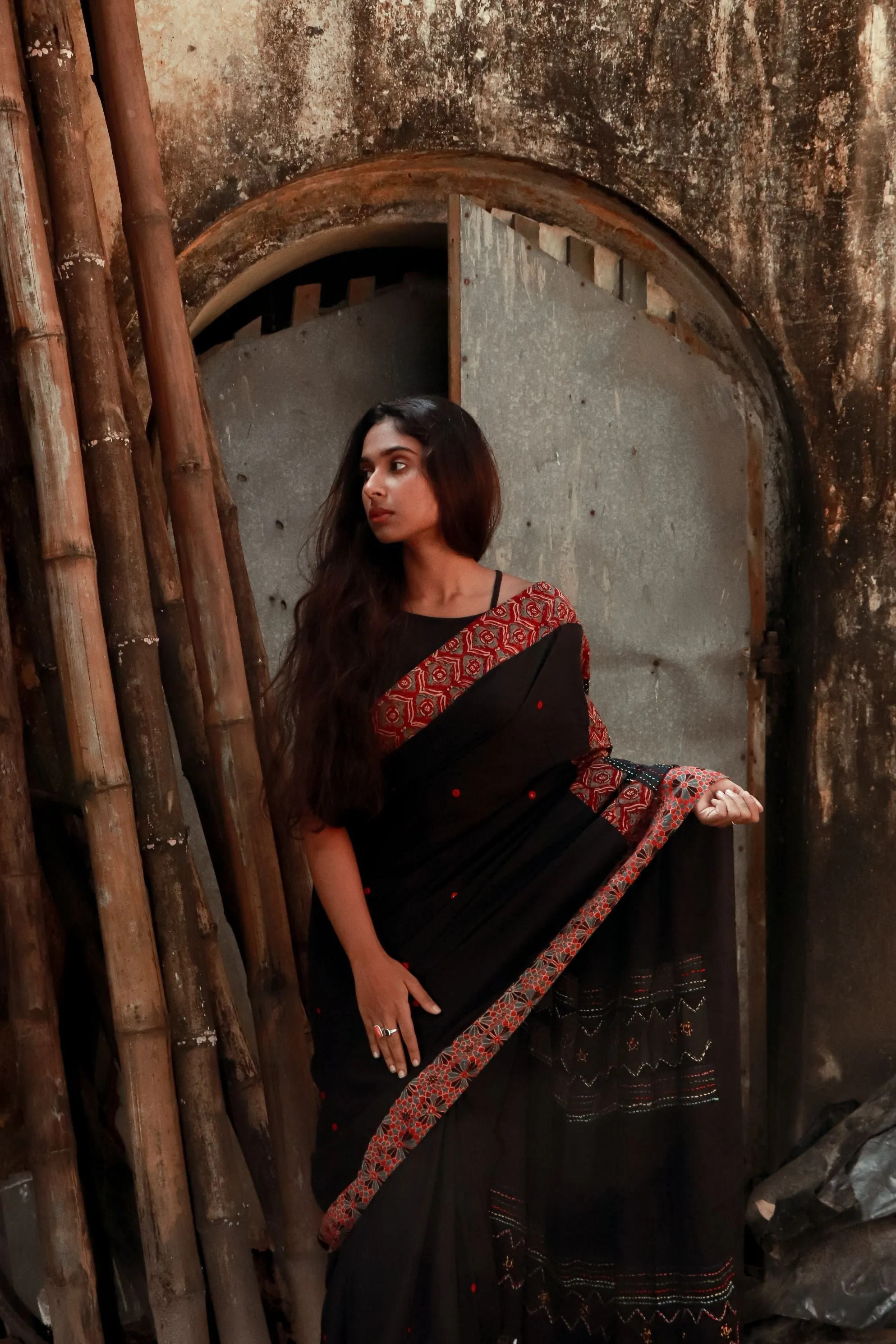 Jharokha -  Black and Red Ajrakh handblockprinted patchwork Gudri Barmer saree