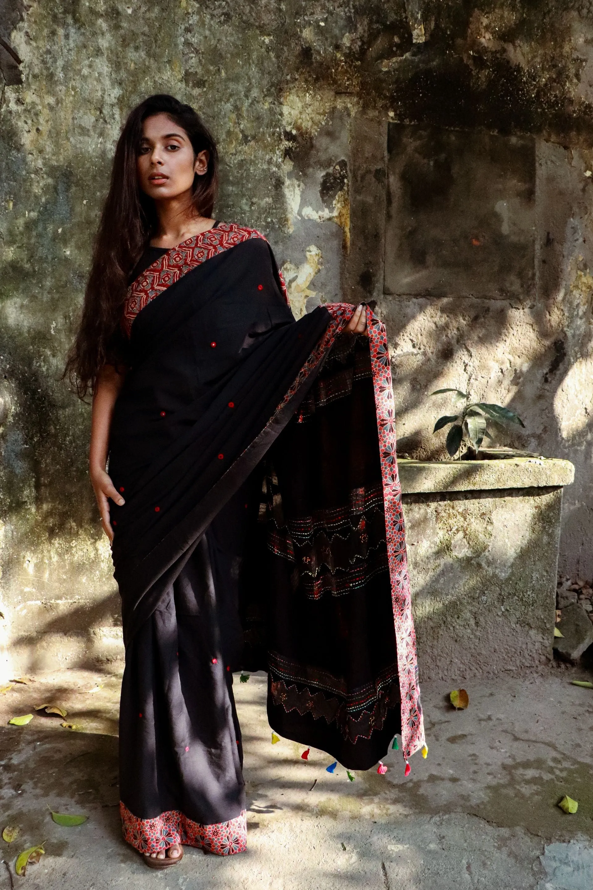 Jharokha -  Black and Red Ajrakh handblockprinted patchwork Gudri Barmer saree