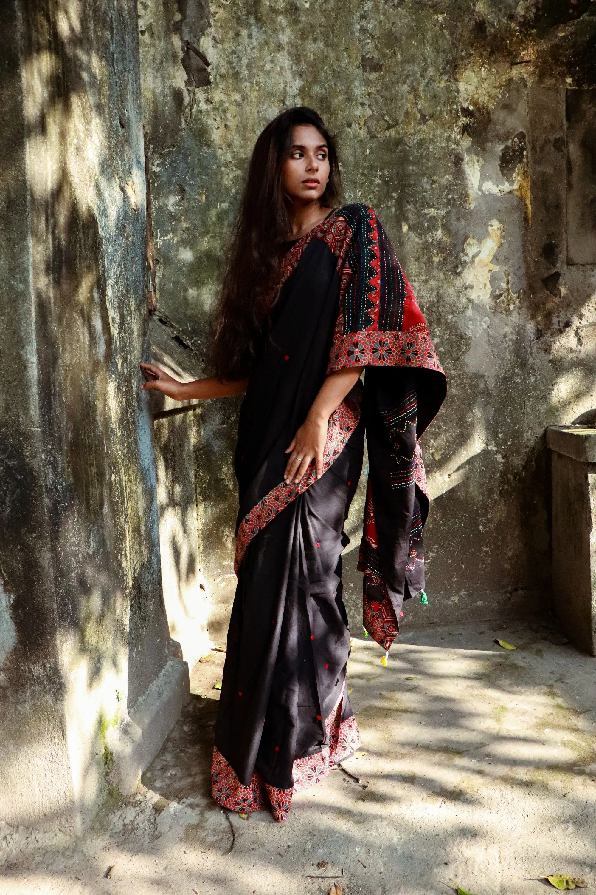 Jharokha -  Black and Red Ajrakh handblockprinted patchwork Gudri Barmer saree