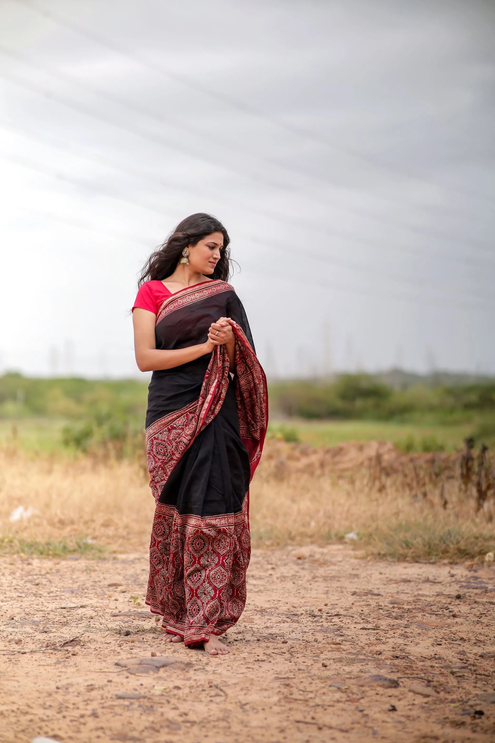 Jharokha - Red & black red striped silk cotton Ajrakh handblockprinted saree