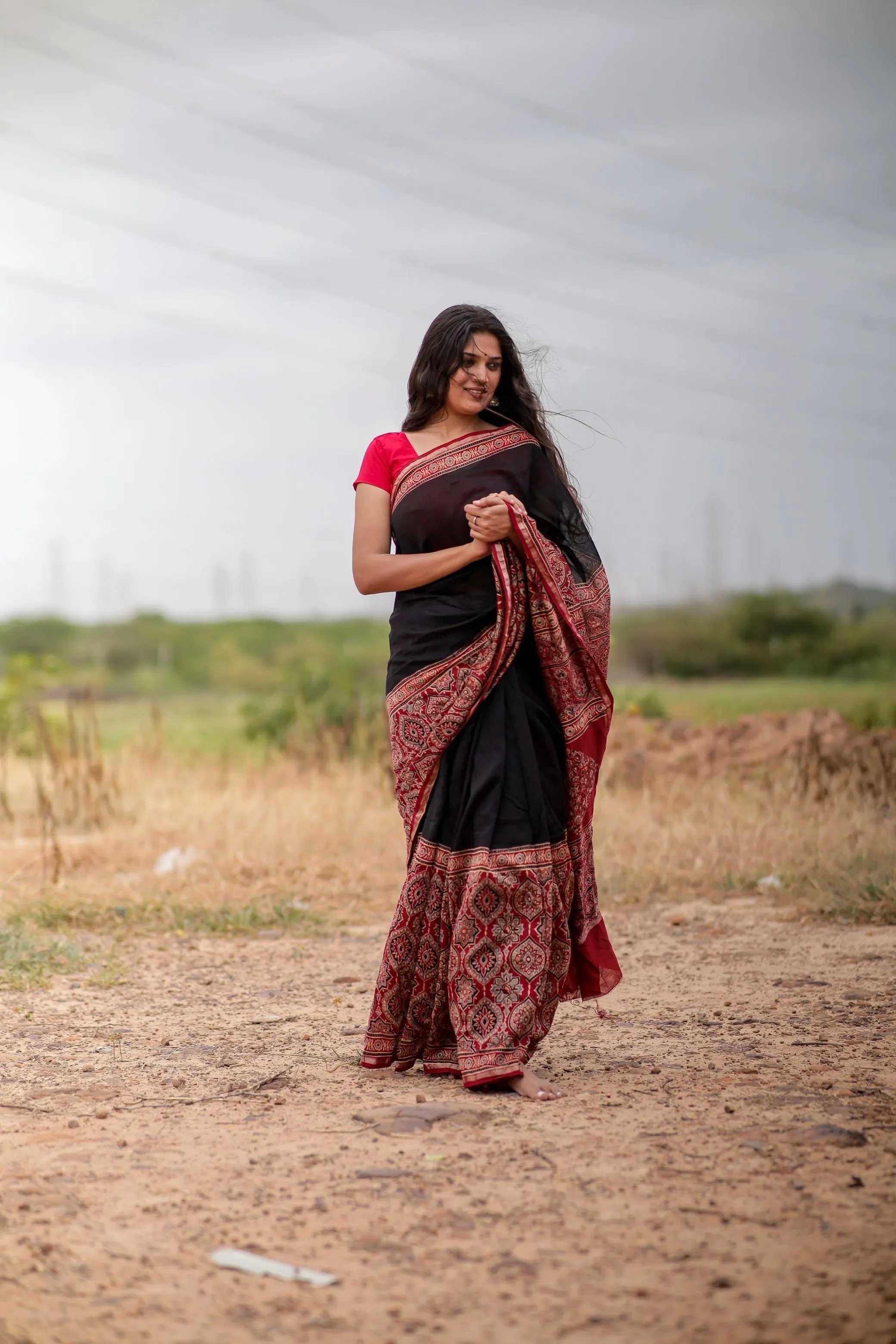 Jharokha - Red & black red striped silk cotton Ajrakh handblockprinted saree