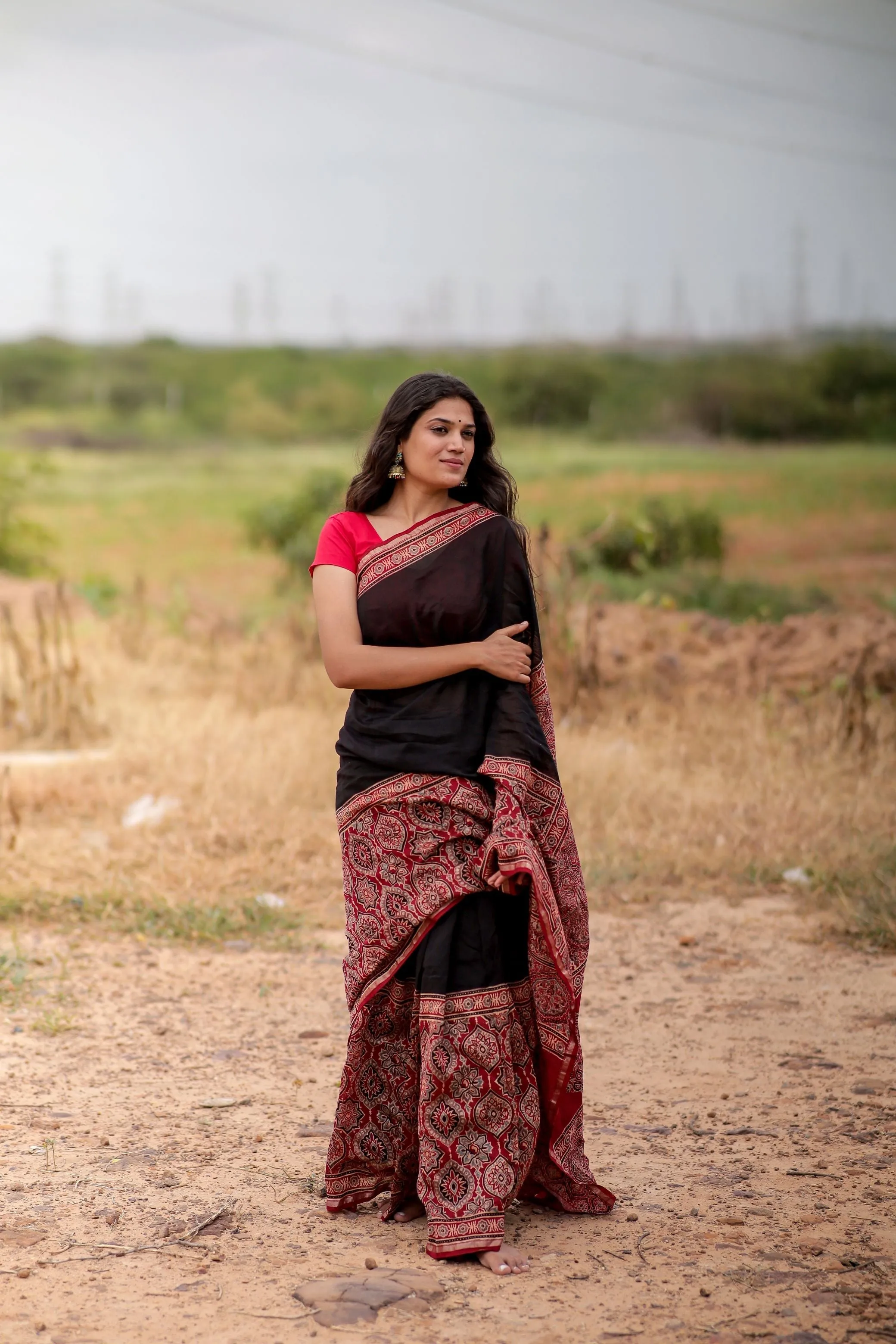 Jharokha - Red & black red striped silk cotton Ajrakh handblockprinted saree