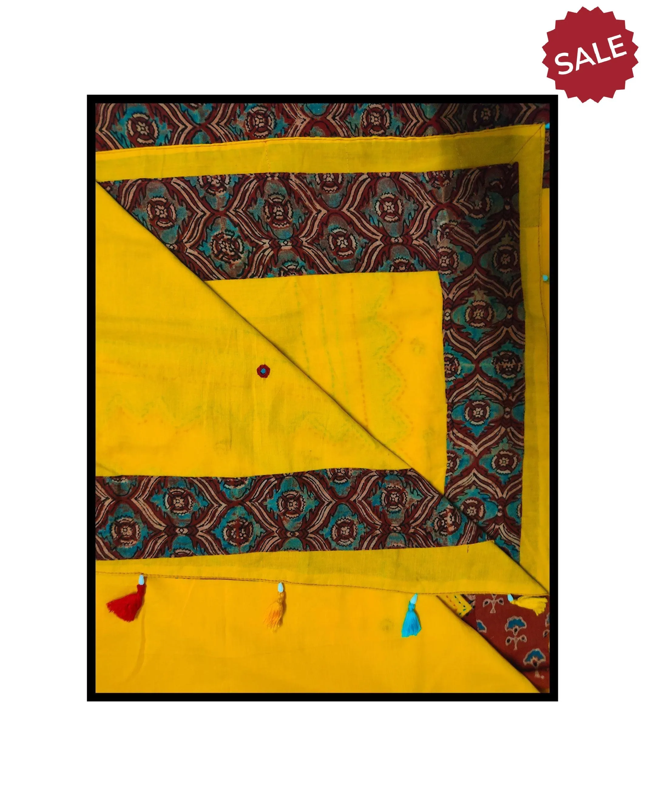 Jharokha -  Yellow and Red Ajrakh handblockprinted patchwork Gudri saree