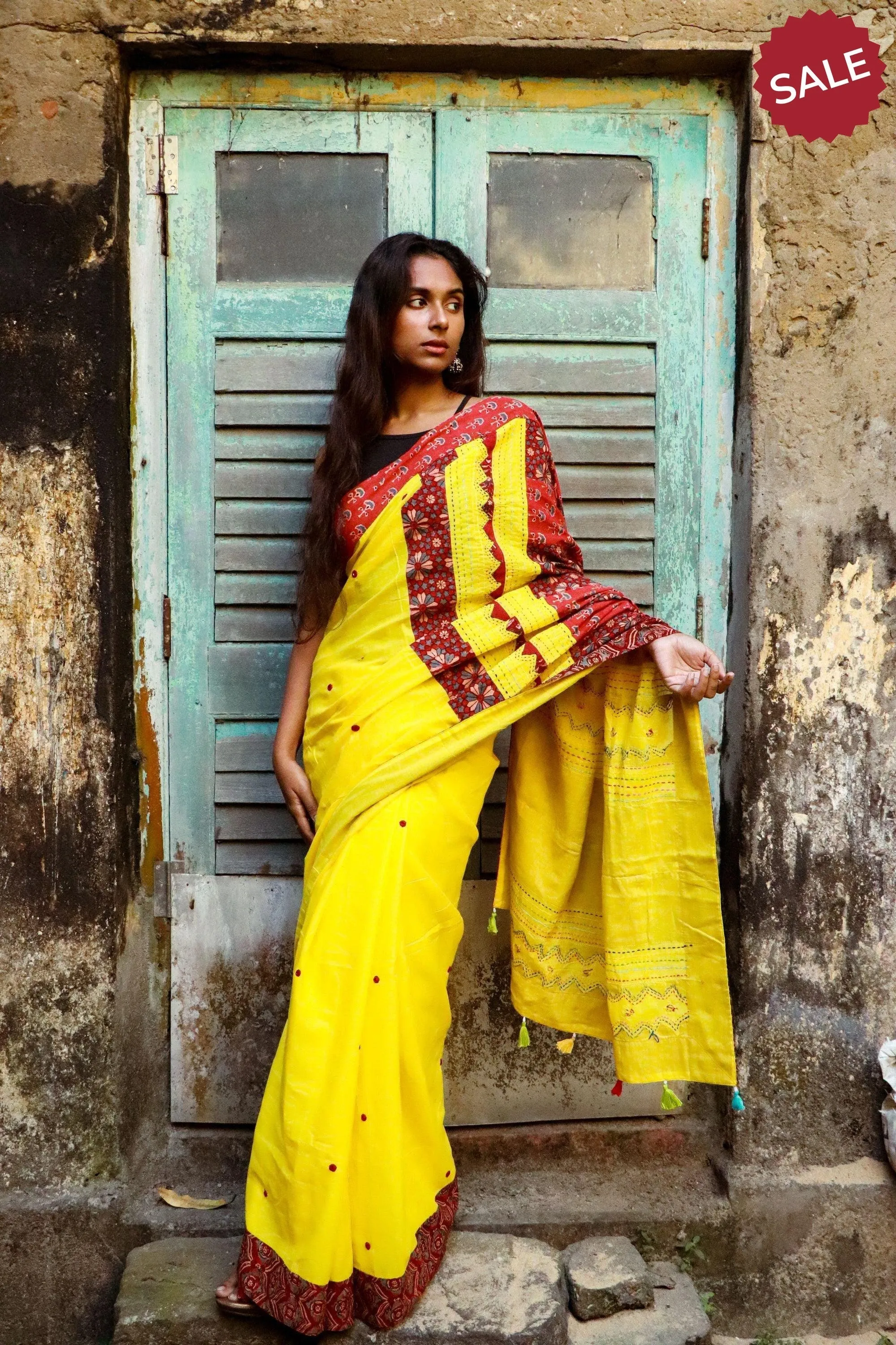 Jharokha -  Yellow and Red Ajrakh handblockprinted patchwork Gudri saree