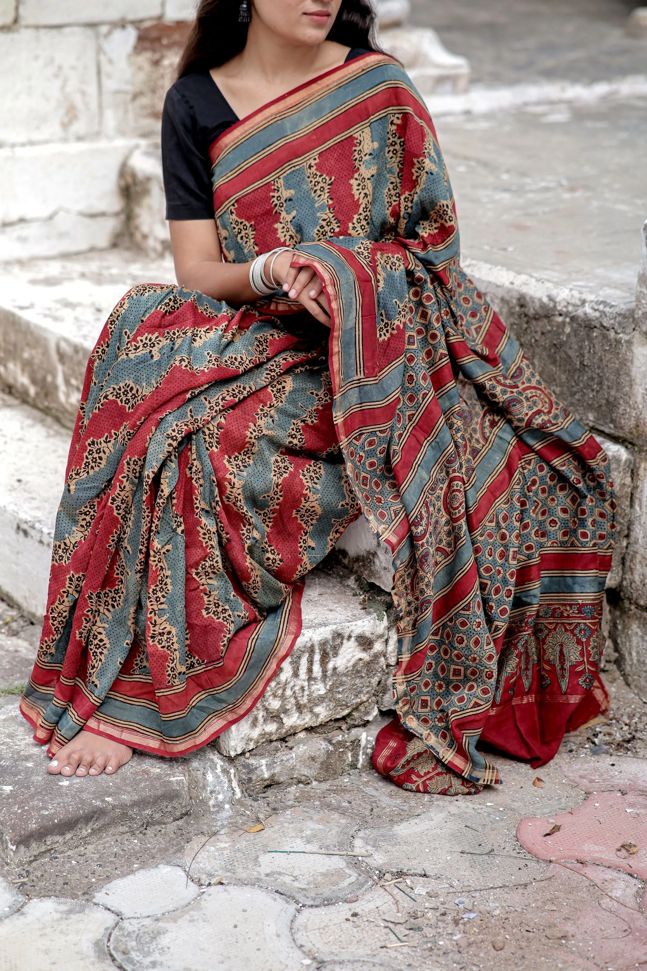 Jharokha -Blue and Red geometric silk cotton Ajrakh handblockprinted saree