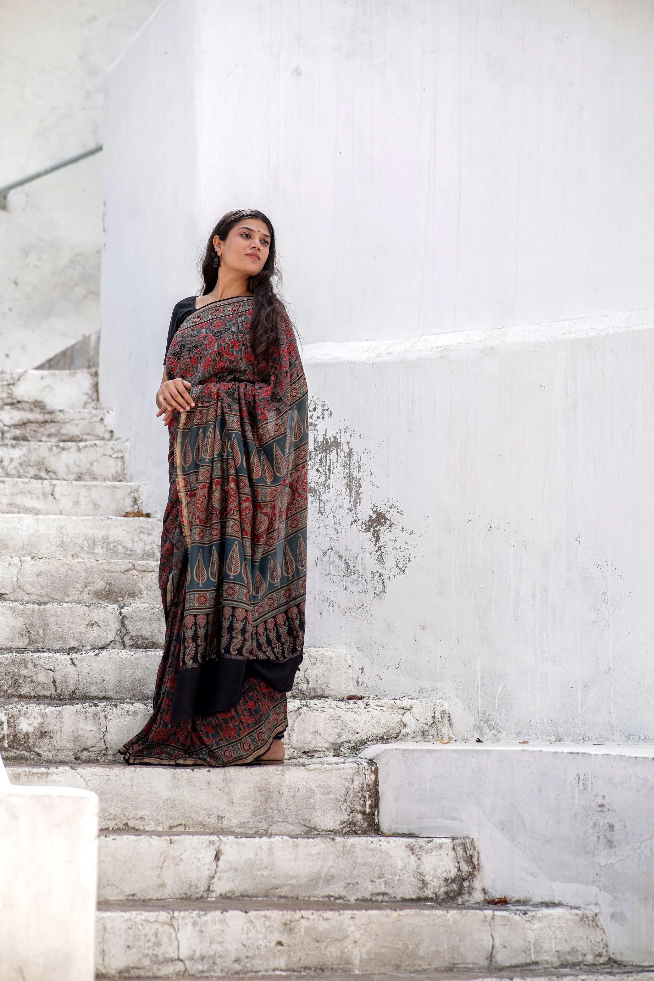 Jharokha -Blue and Red geometric silk cotton Ajrakh handblockprinted saree