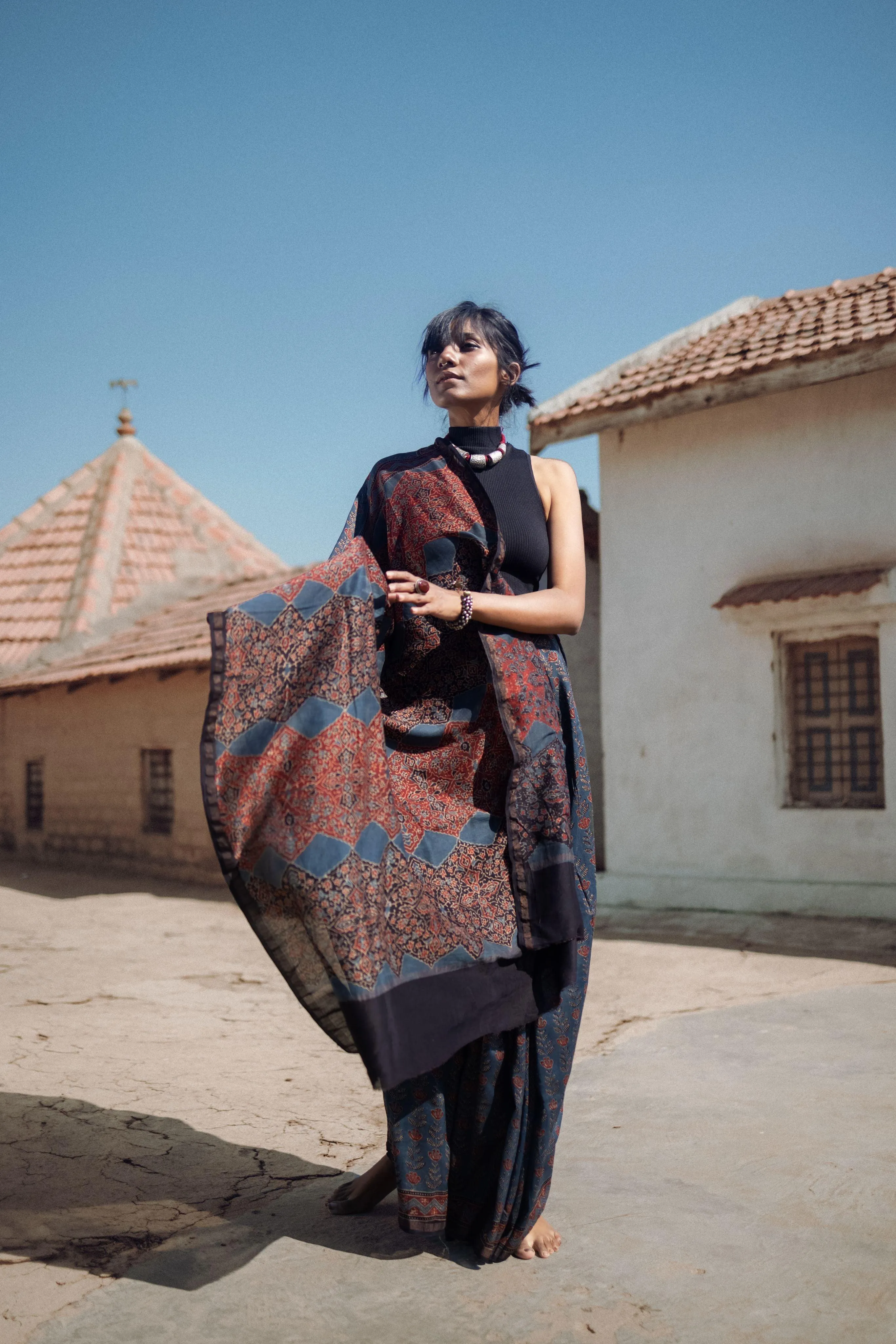 Jharokha -Indigo silk cotton Ajrakh handblockprinted saree