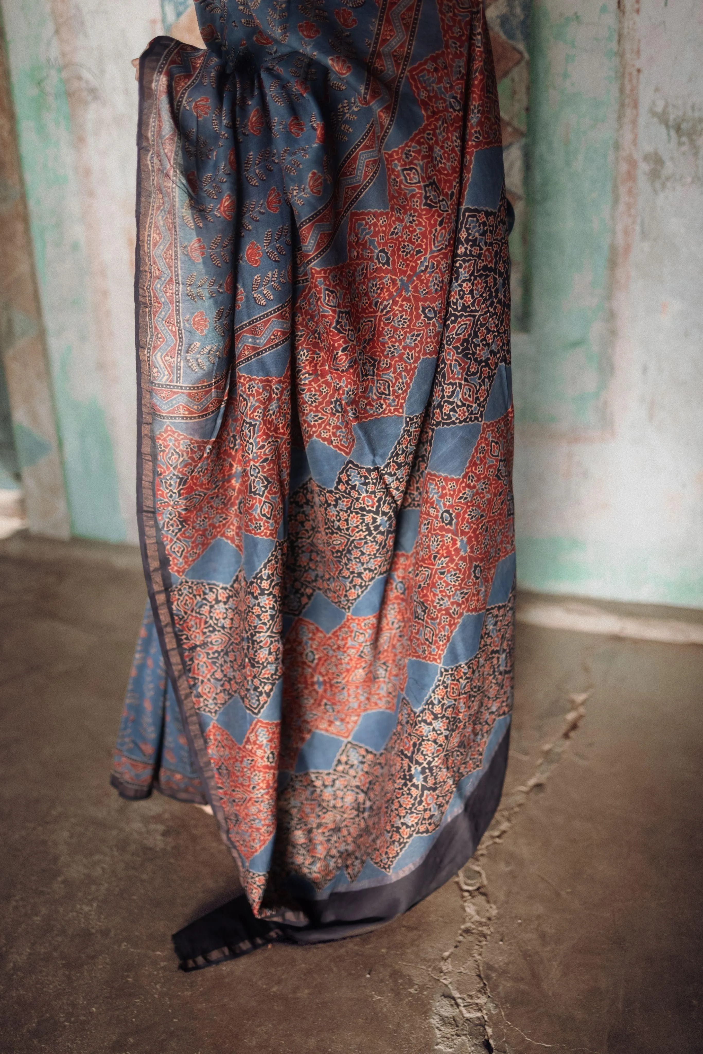 Jharokha -Indigo silk cotton Ajrakh handblockprinted saree