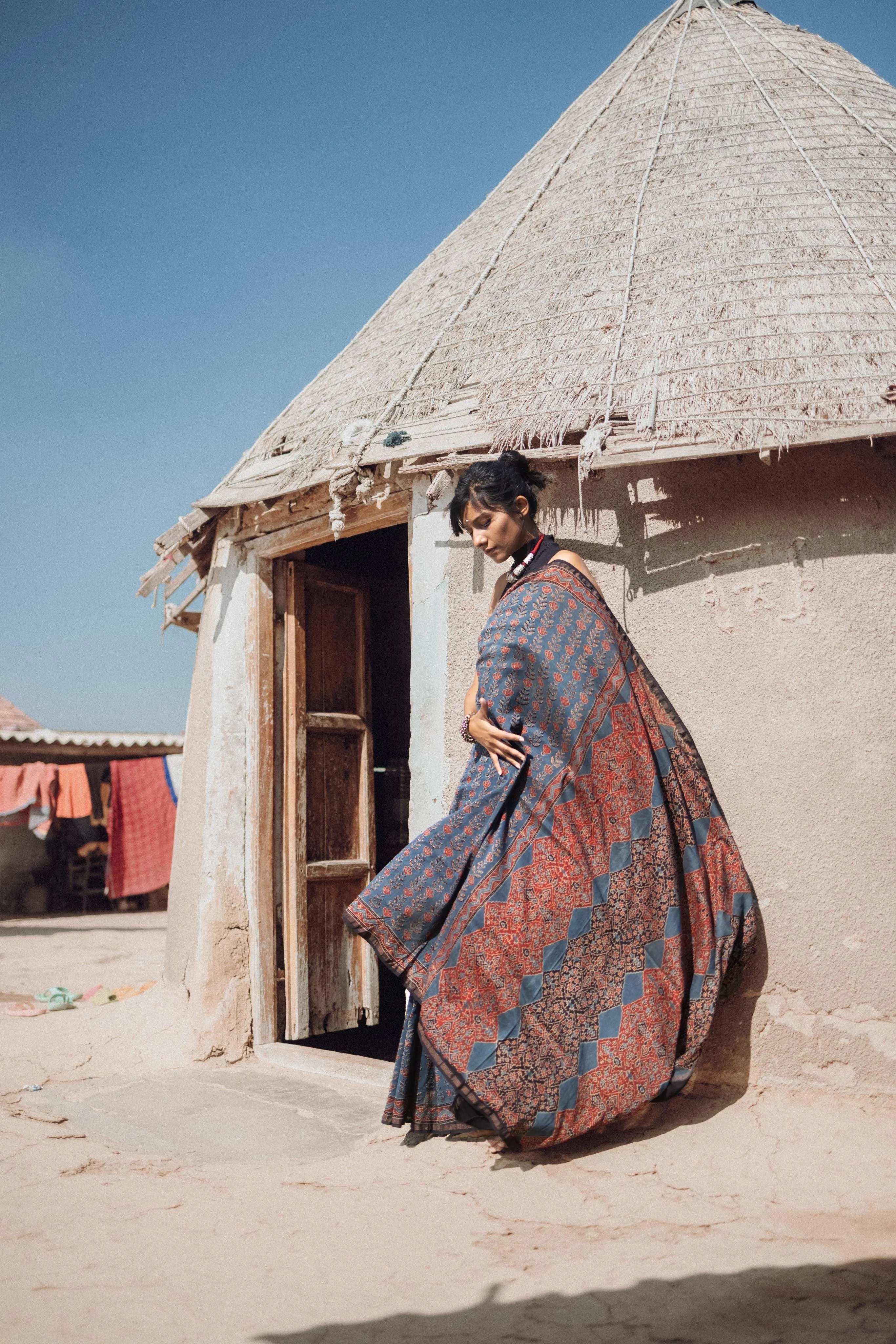 Jharokha -Indigo silk cotton Ajrakh handblockprinted saree