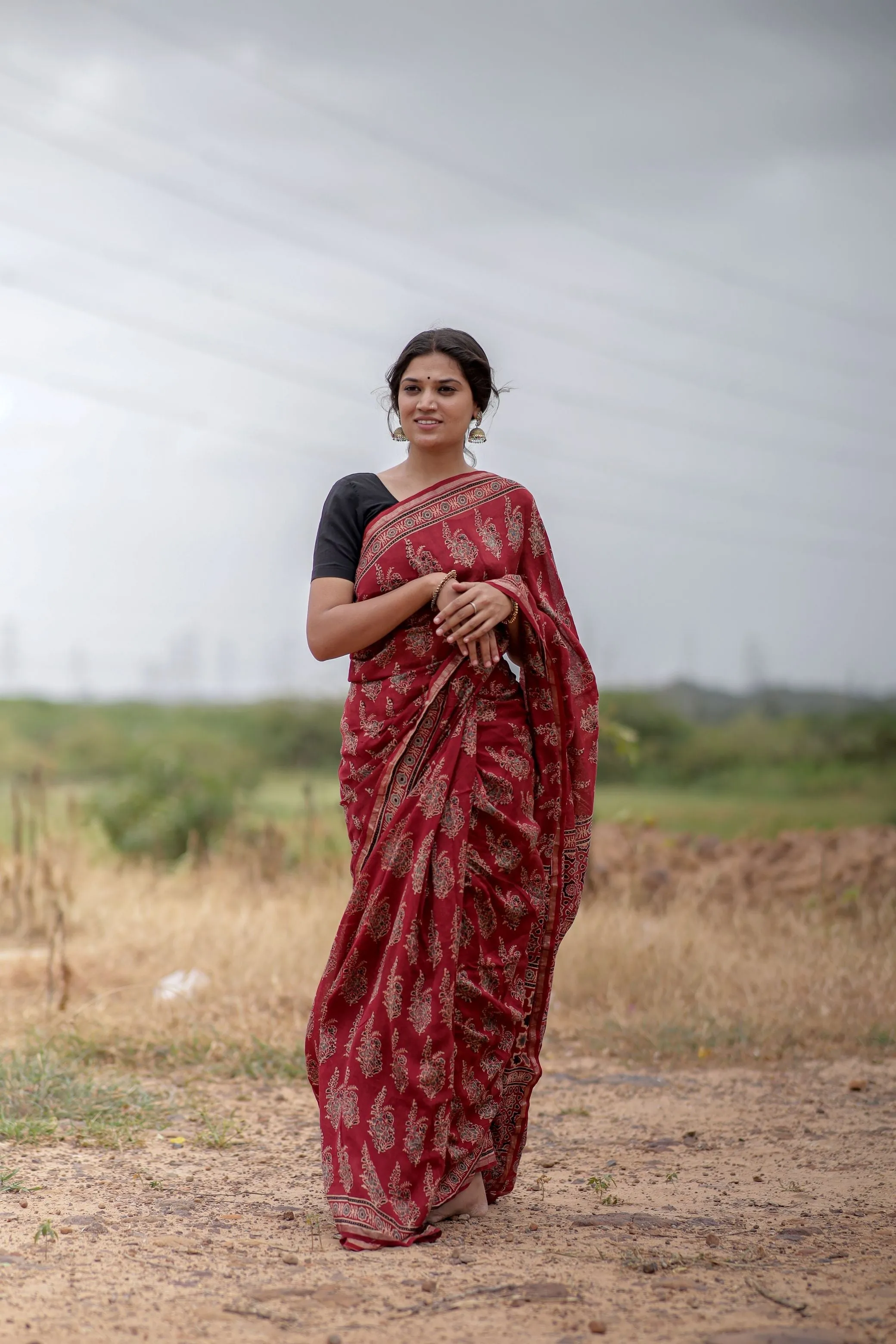 Jharokha -Red Mughal boota floral silk cotton Ajrakh handblockprinted saree