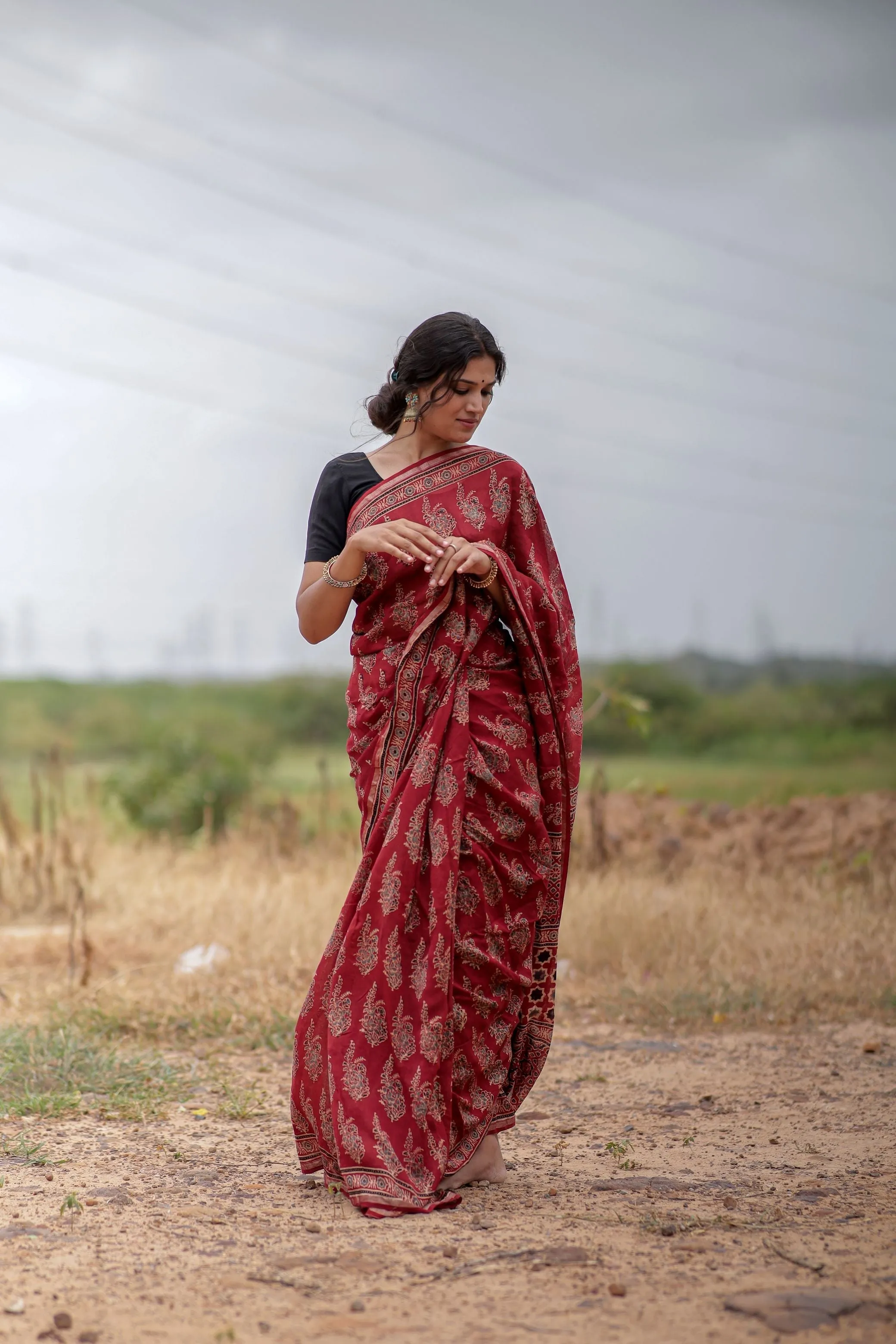 Jharokha -Red Mughal boota floral silk cotton Ajrakh handblockprinted saree