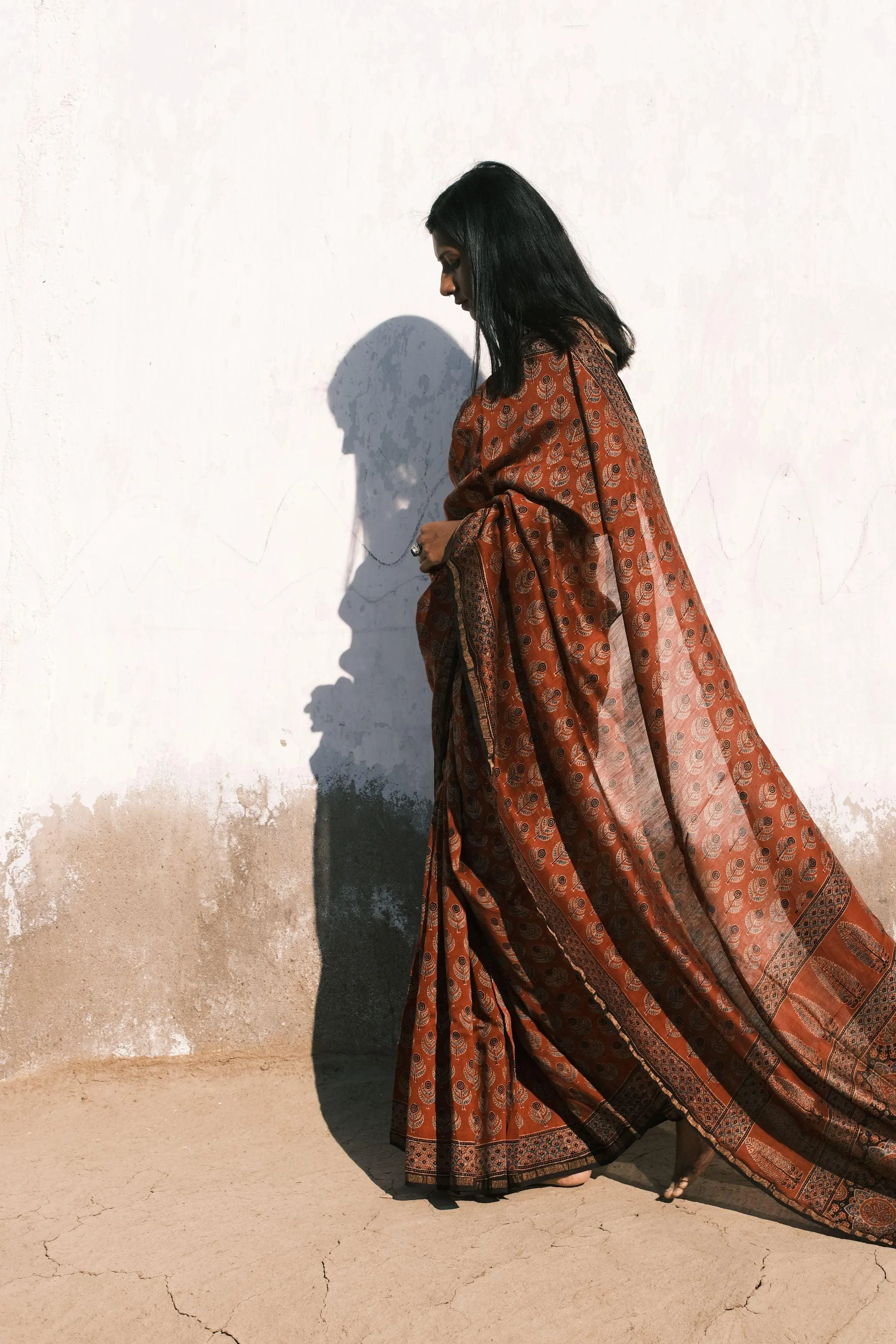 Jharokha -Red silk cotton Ajrakh handblockprinted saree