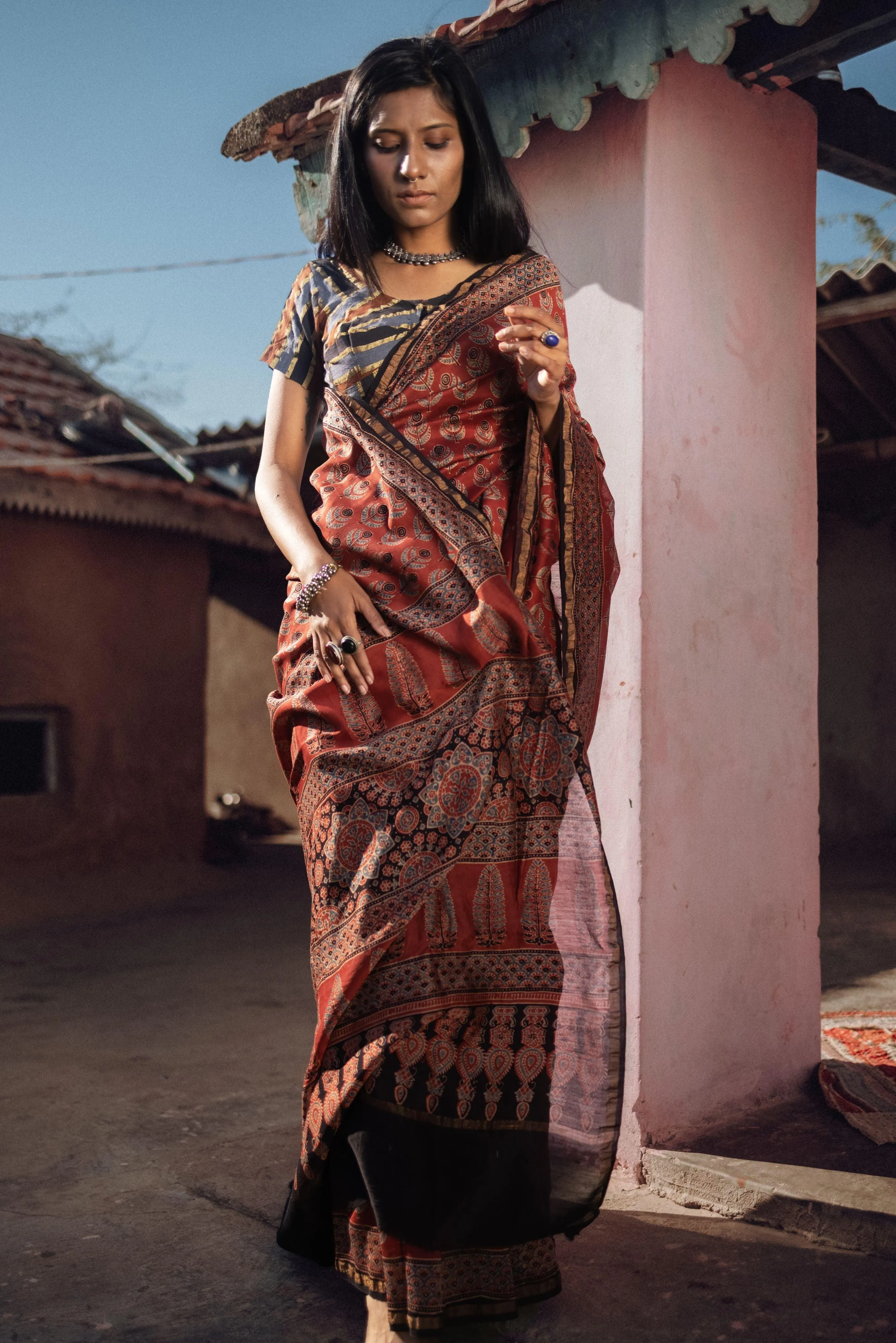 Jharokha -Red silk cotton Ajrakh handblockprinted saree