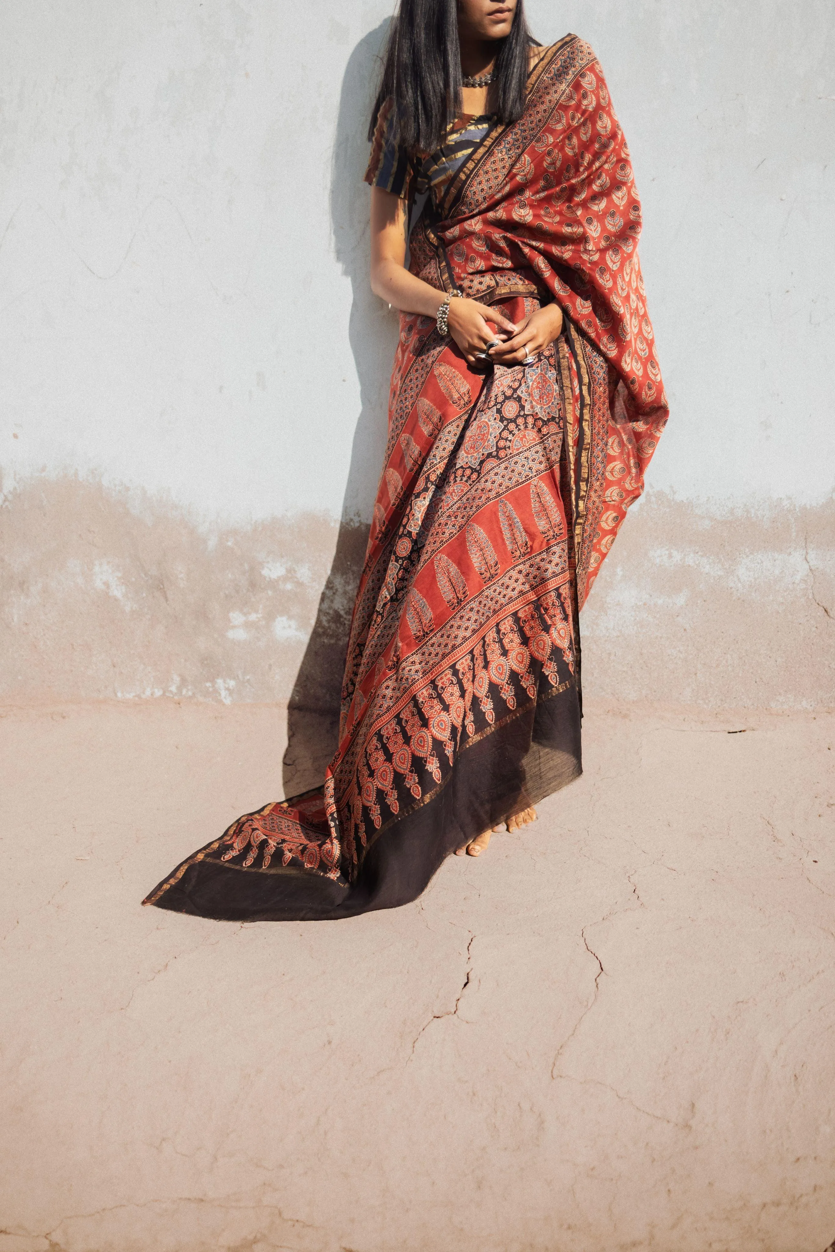 Jharokha -Red silk cotton Ajrakh handblockprinted saree