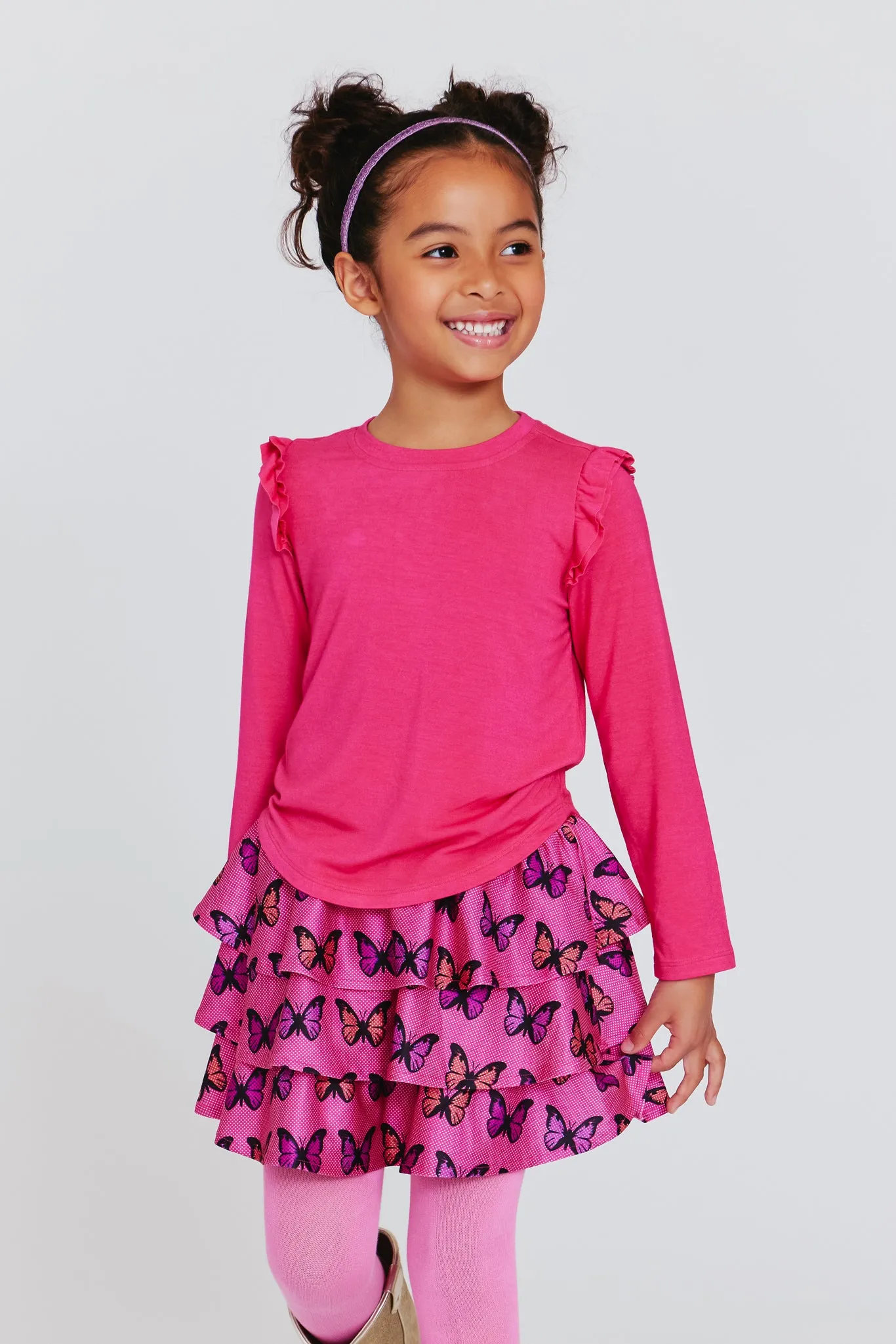 Kids Ruffle Long Sleeve Tee in Terez Pink