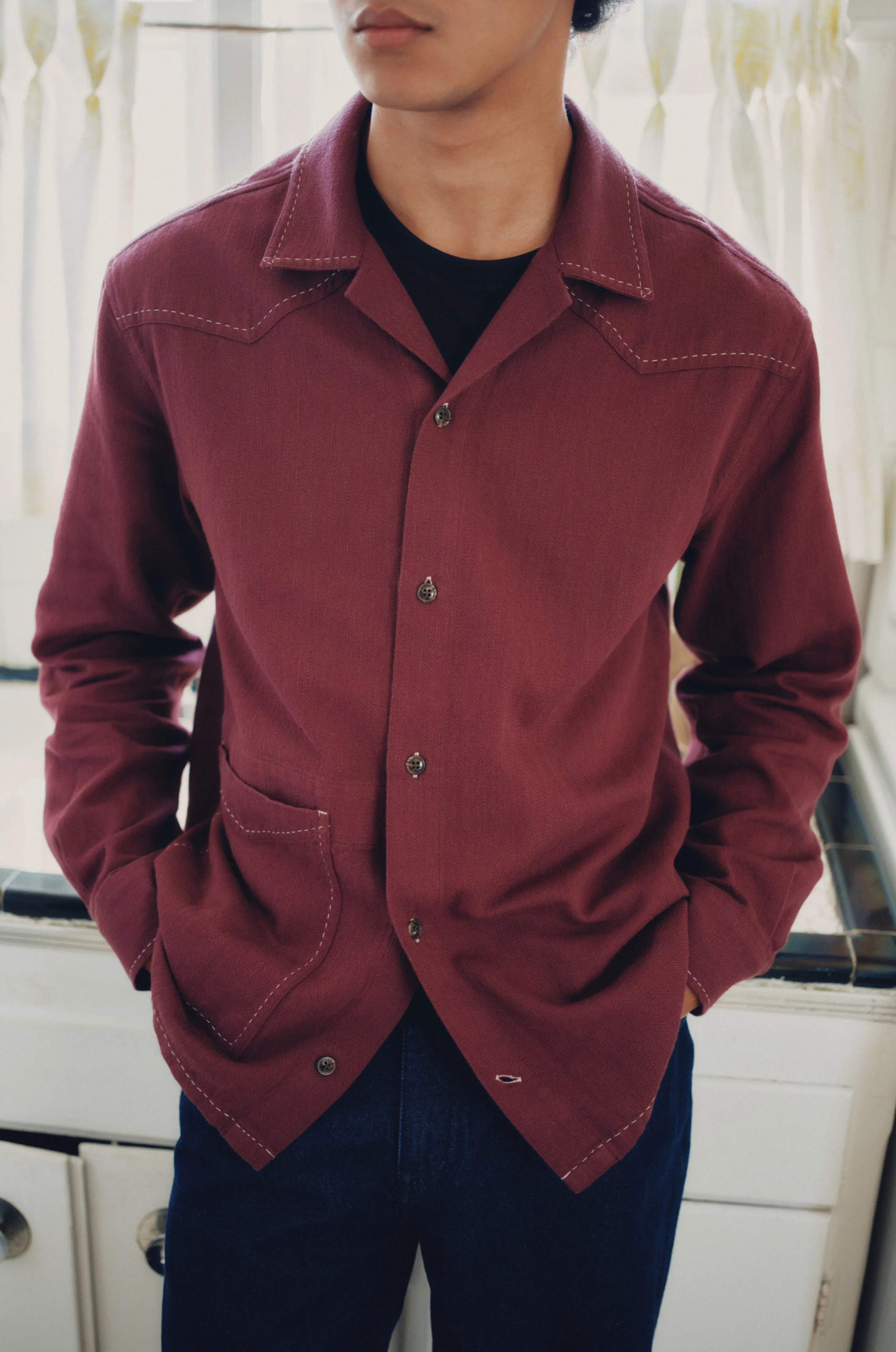 Men's Asmar Shirt in Burgundy Herringbone