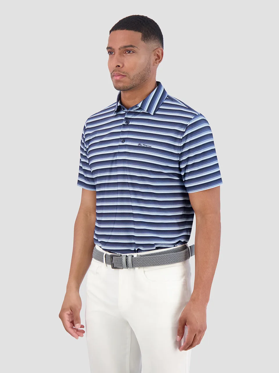 Multi Stripe Tech Jersey Sports Fit Polo - Navy