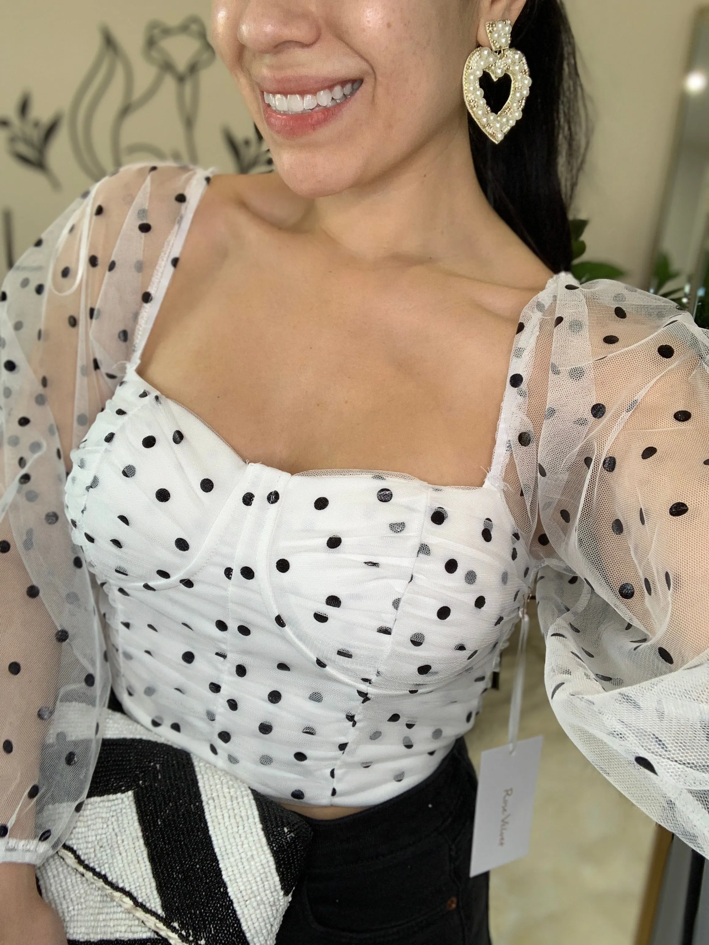 POLKA DOT MESH SLEEVE CROP TOP - black and white