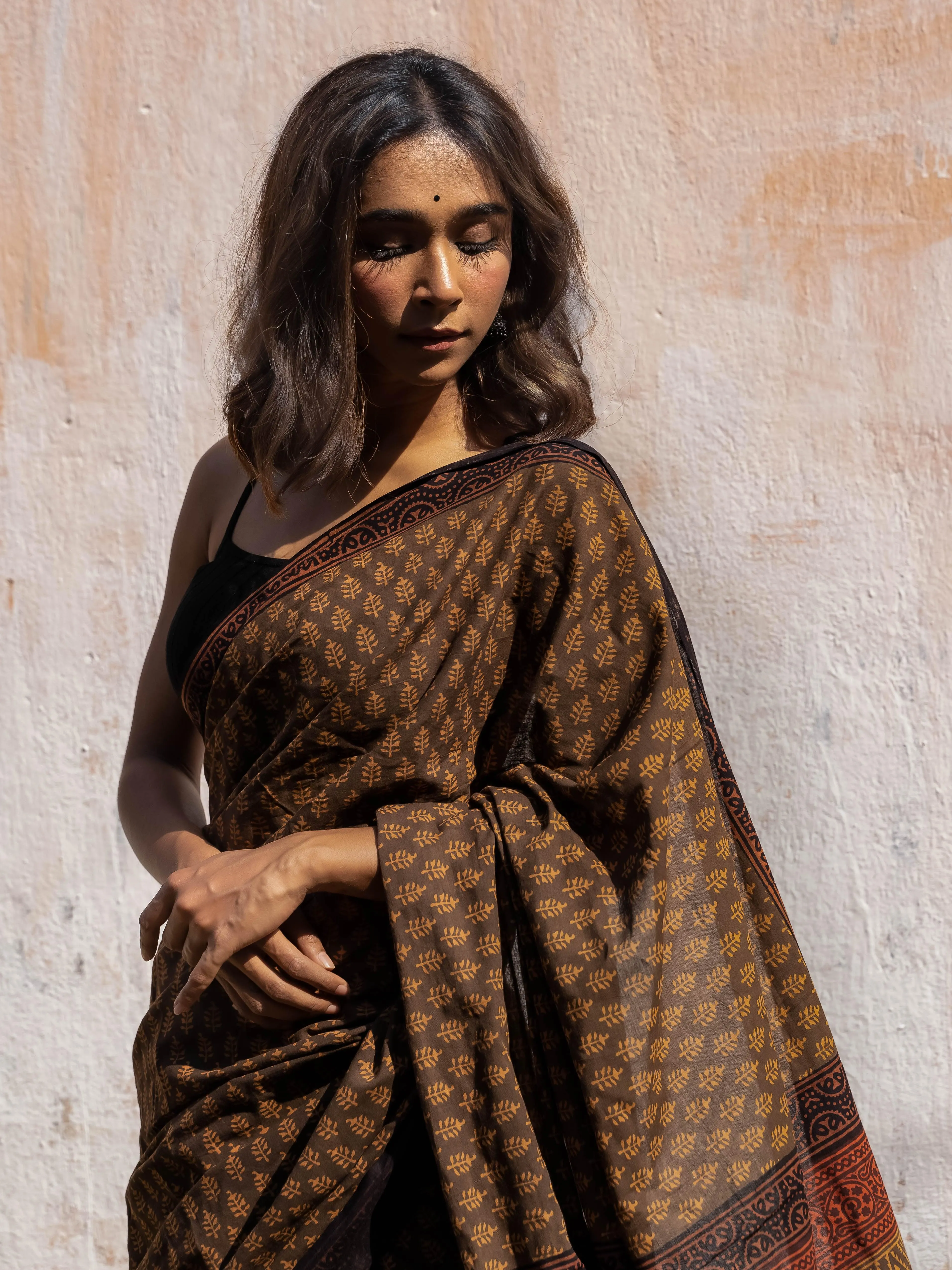 Roheda Brown Mughal Pine natural dyed handblock printed  Bagru saree