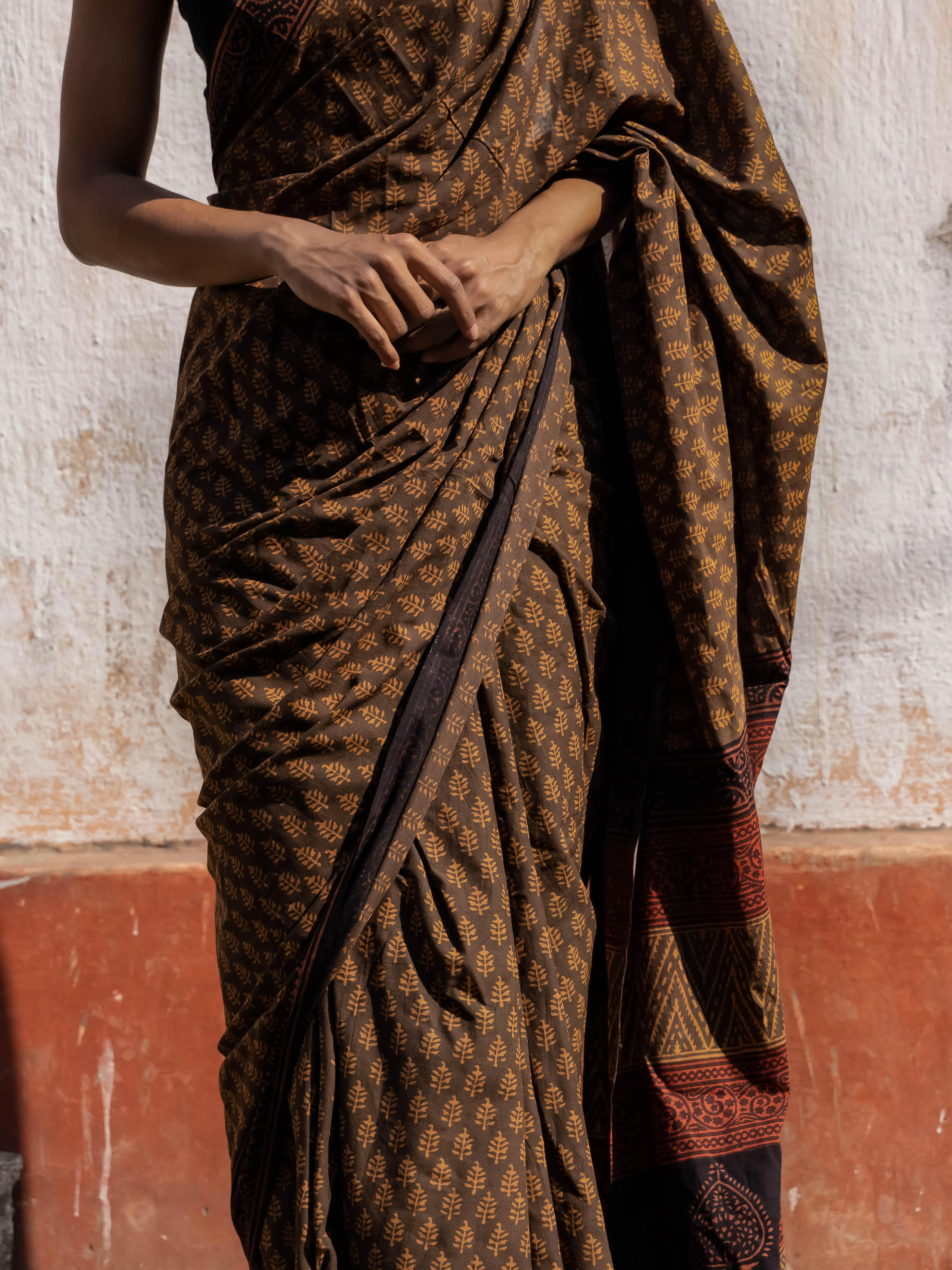 Roheda Brown Mughal Pine natural dyed handblock printed  Bagru saree