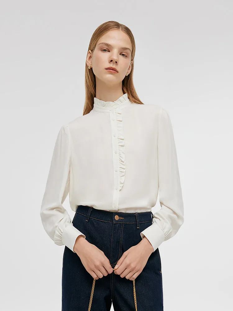 Ruffle Stand Collared Women Shirt