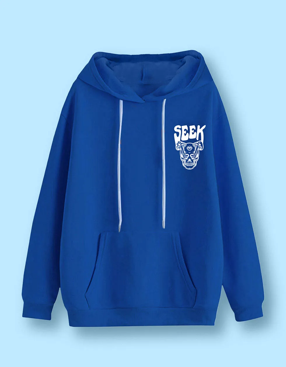 Seek Blue Oversized Pocket Graphic Printed Hoodie