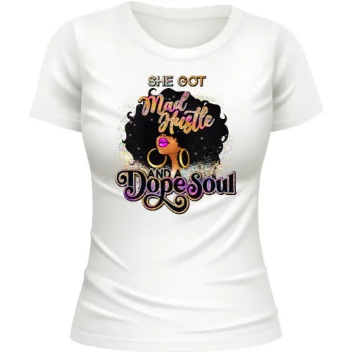 She got that mad hustle and a dope soul.  Black Queen, Sublimation T-shirt Transfer.  Black Queen, African American, Black History Month, Melanin Sista Transfers For T-shirts.