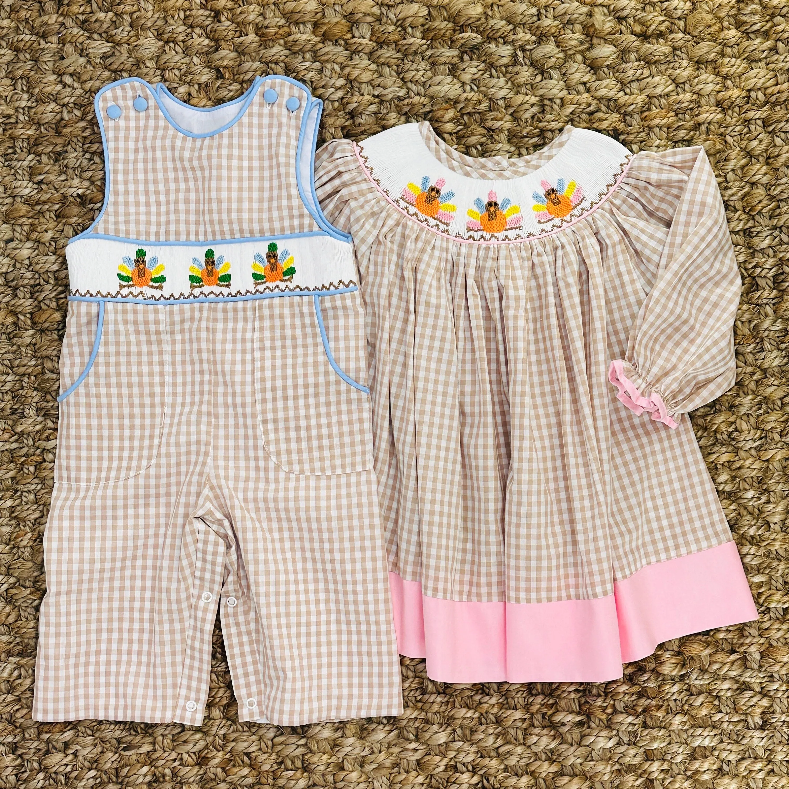 Smocked Turkey Bishop Dress in Tan and Pink!