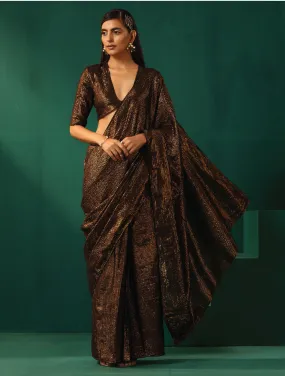 trueBrowns Black Cotton Gold Striped Ready To Wear Saree