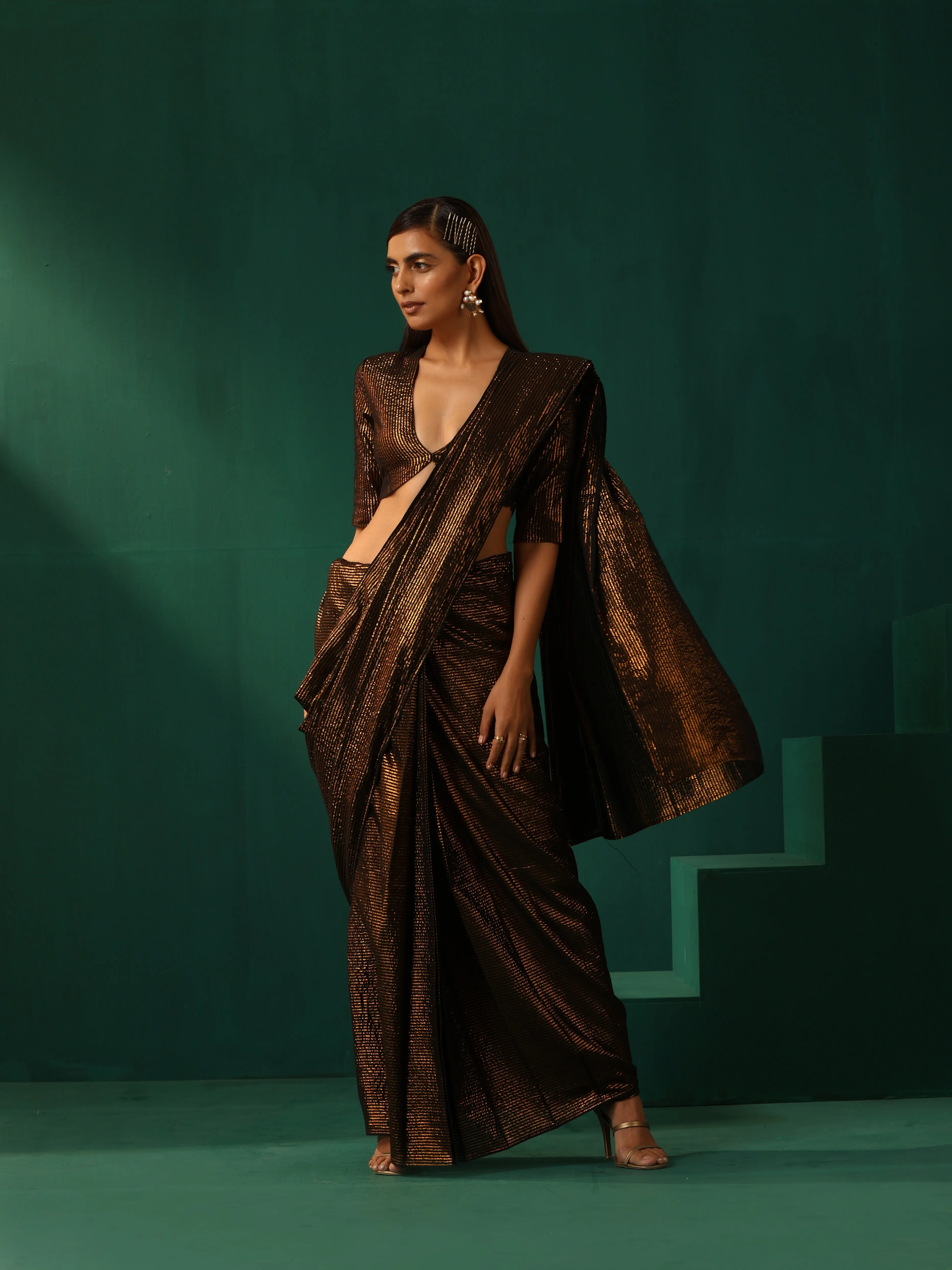 trueBrowns Black Cotton Gold Striped Ready To Wear Saree