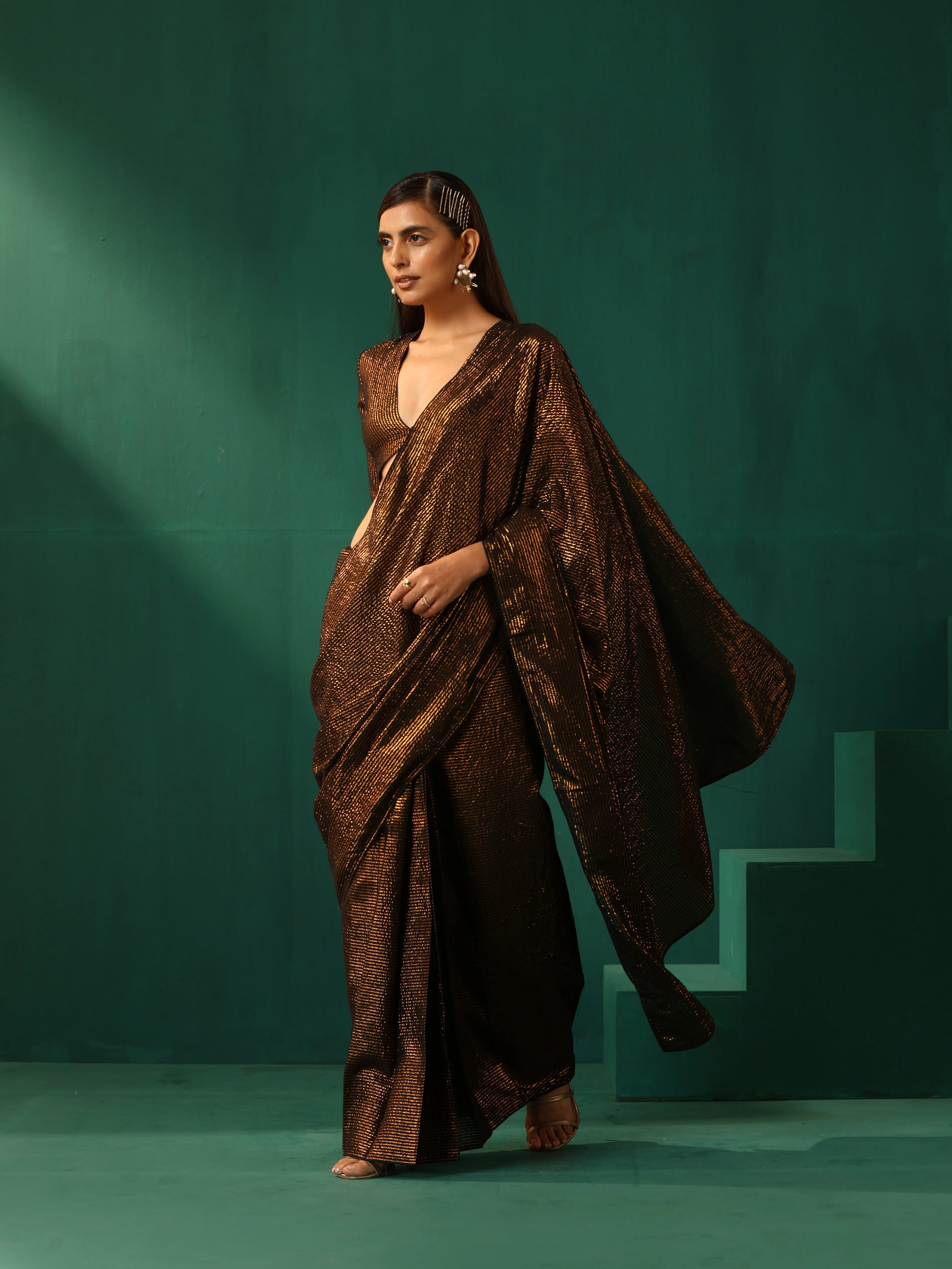 trueBrowns Black Cotton Gold Striped Ready To Wear Saree