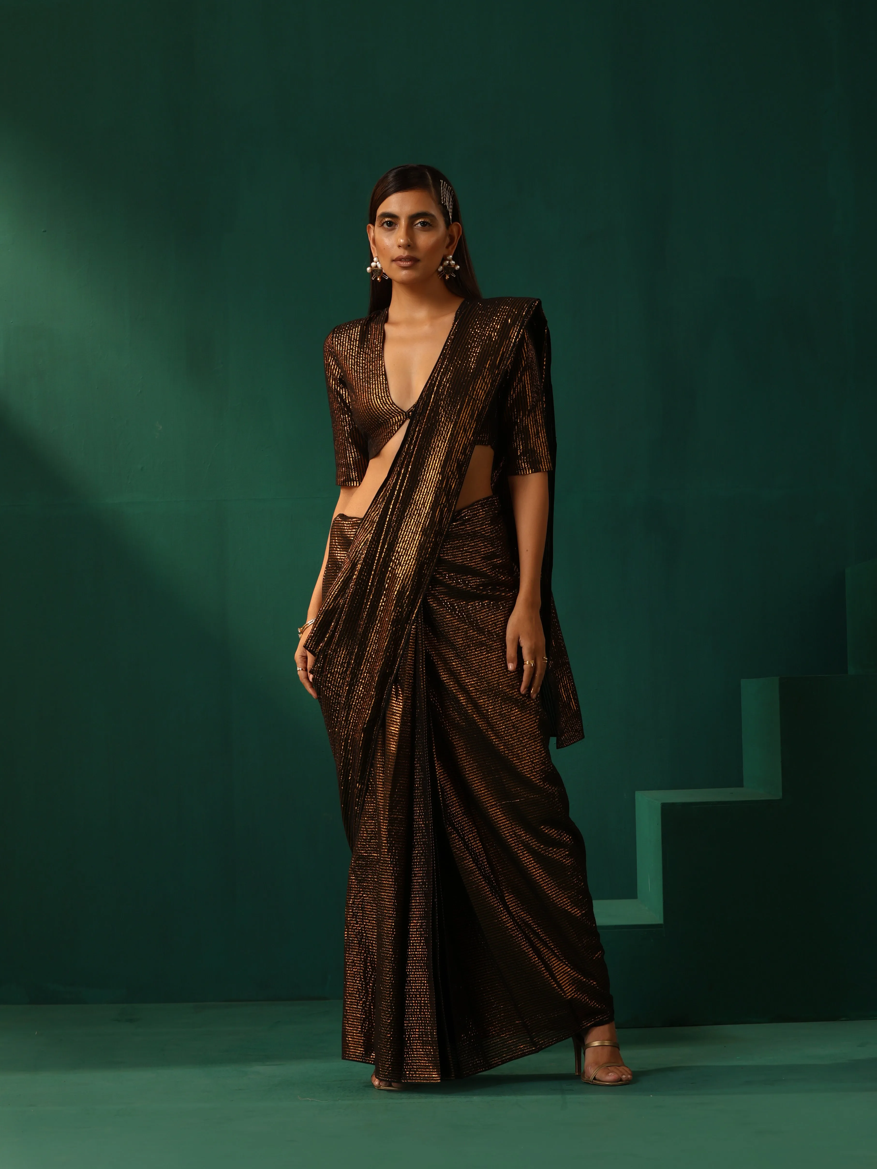 trueBrowns Black Cotton Gold Striped Ready To Wear Saree