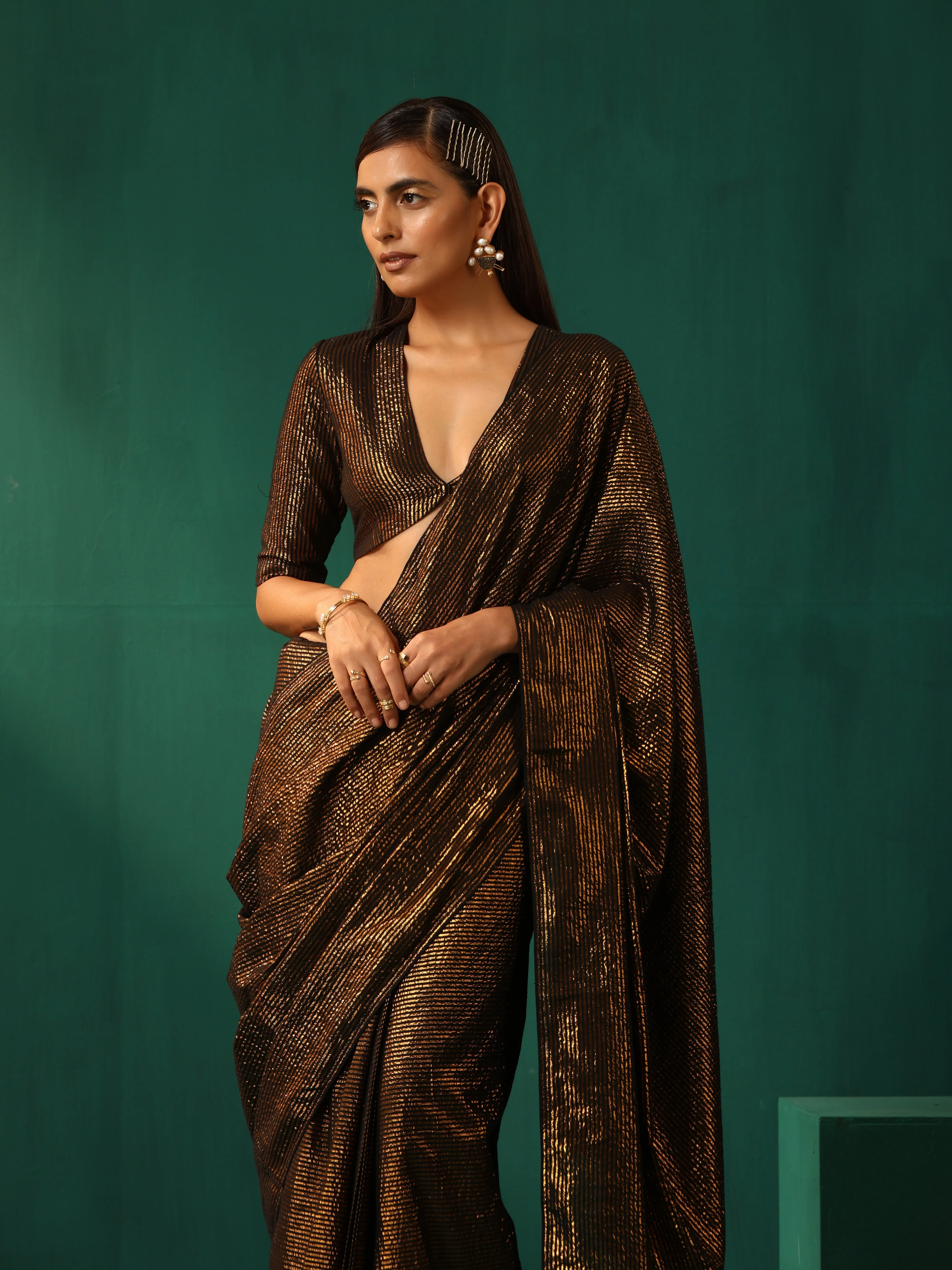 trueBrowns Black Cotton Gold Striped Ready To Wear Saree