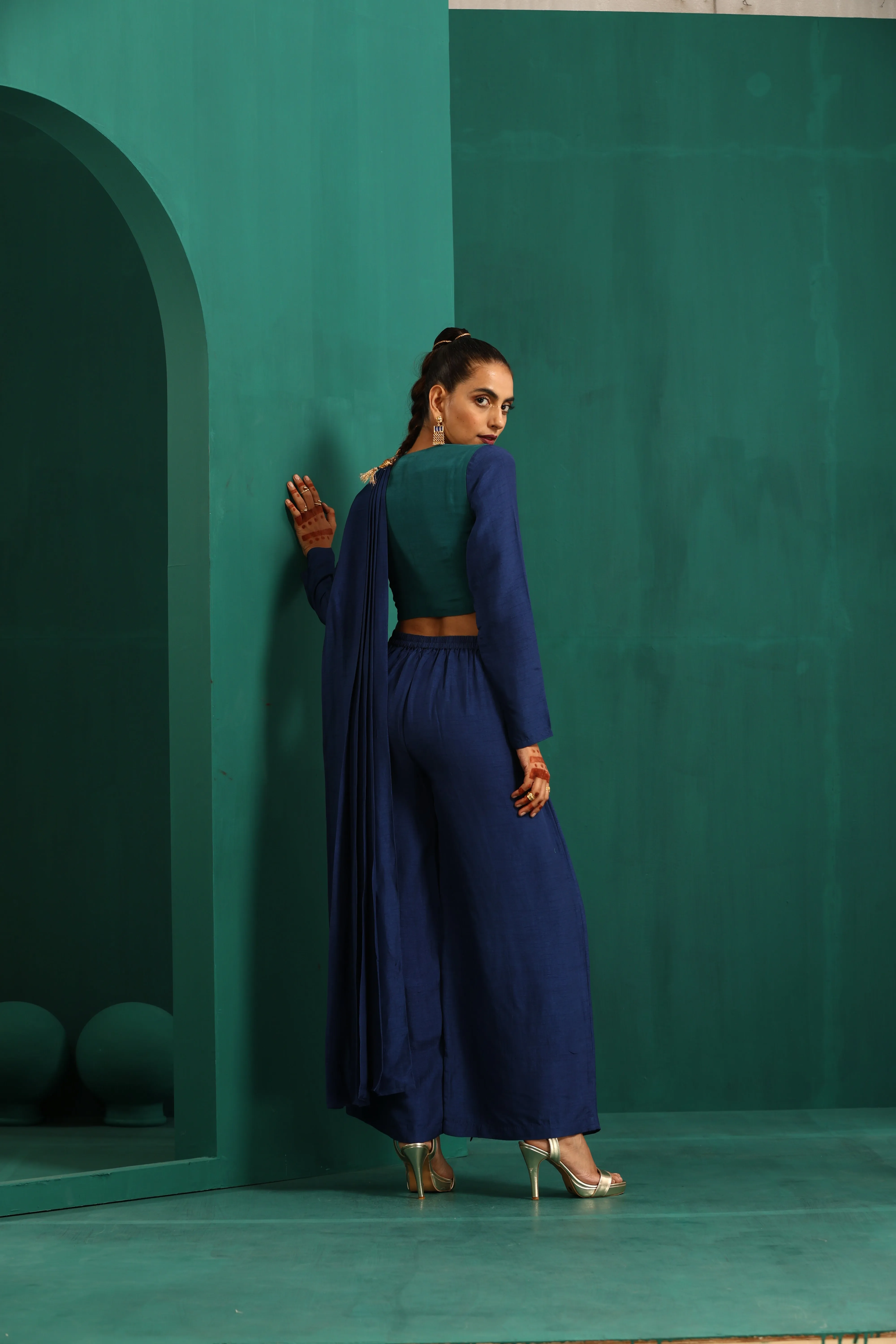 trueBrowns Blue Silk Ready To Wear Palazzo Saree