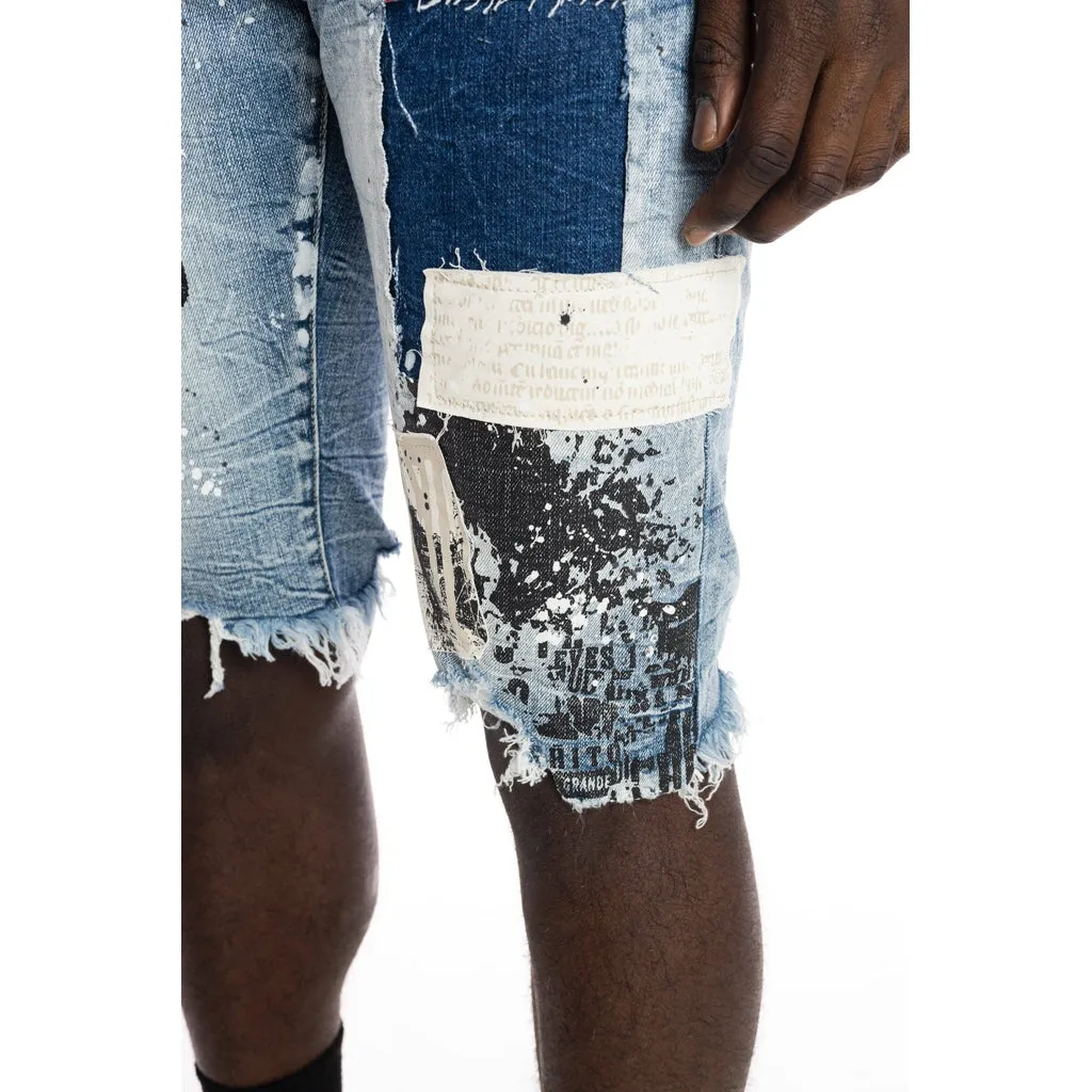 Twill Applique Fashion Jean Shorts - Canal Blue