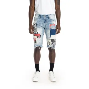 Twill Applique Fashion Jean Shorts - Canal Blue