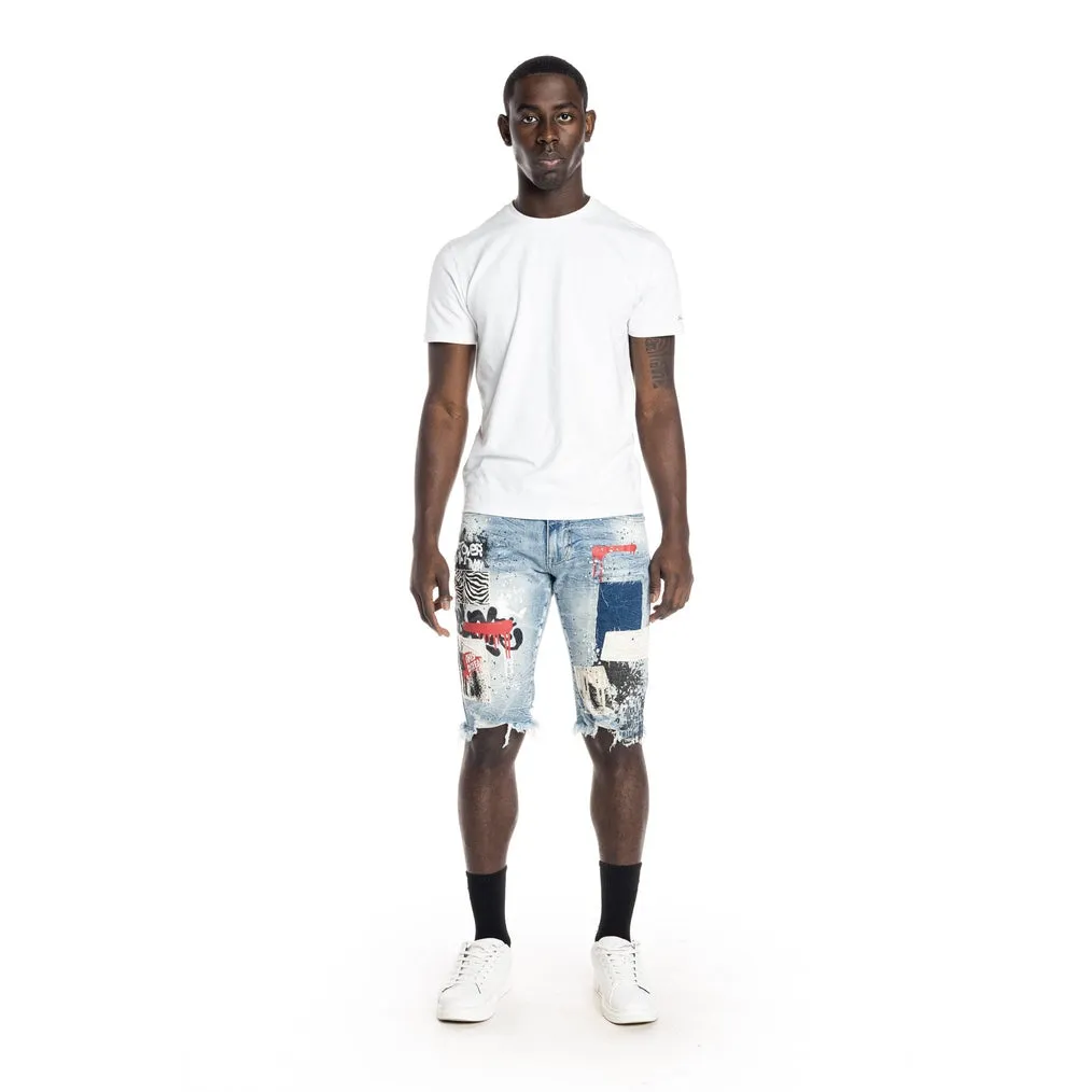 Twill Applique Fashion Jean Shorts - Canal Blue