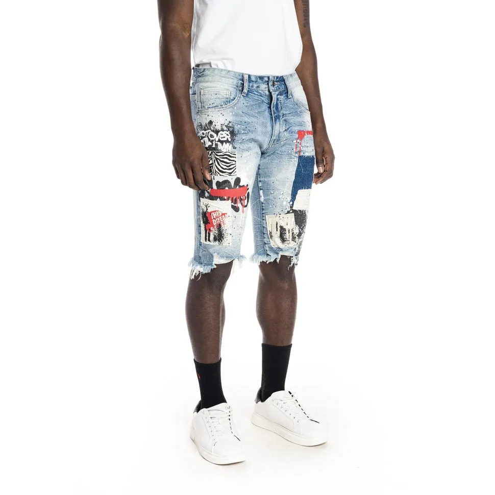 Twill Applique Fashion Jean Shorts - Canal Blue