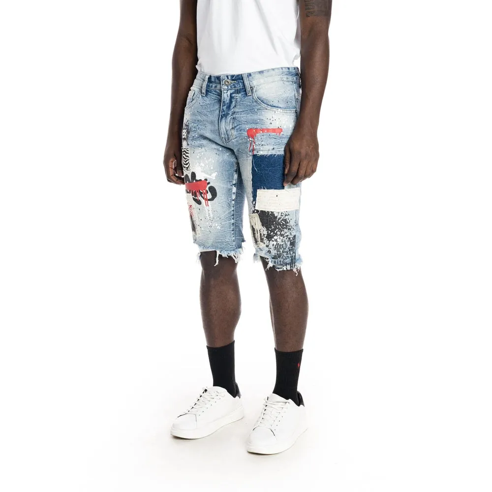 Twill Applique Fashion Jean Shorts - Canal Blue